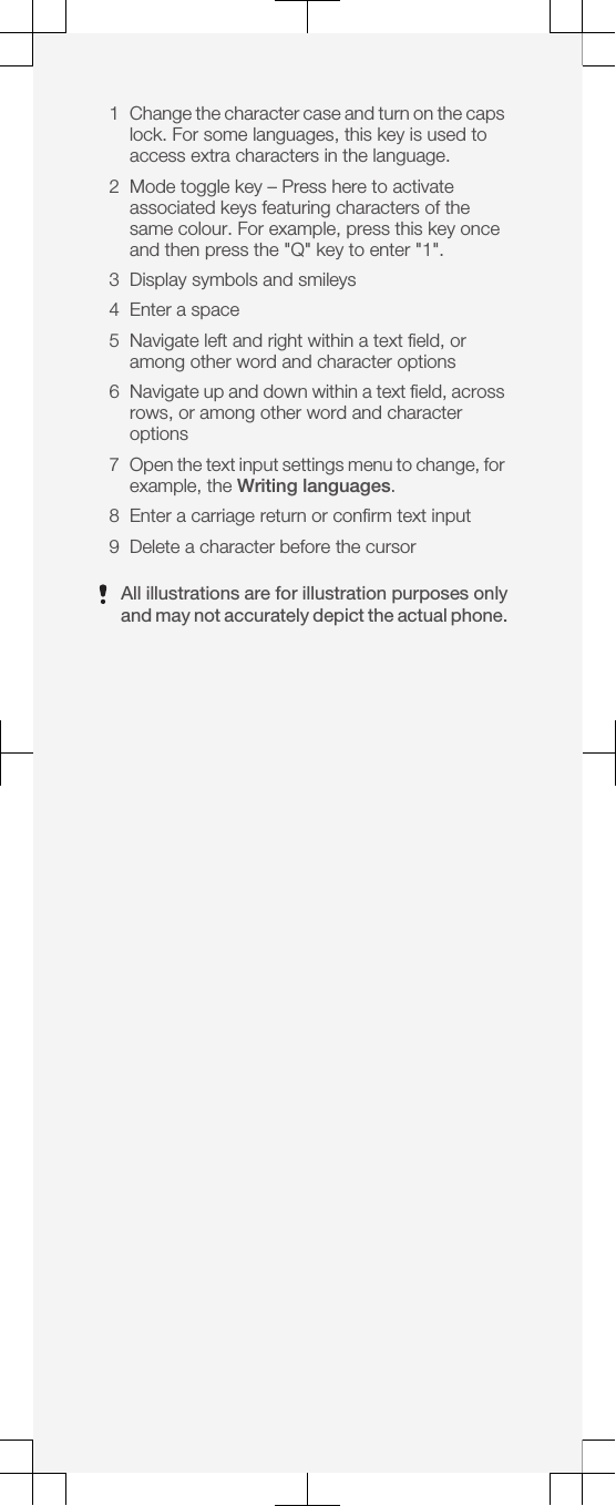 1Change the character case and turn on the capslock. For some languages, this key is used toaccess extra characters in the language.2 Mode toggle key – Press here to activateassociated keys featuring characters of thesame colour. For example, press this key onceand then press the &quot;Q&quot; key to enter &quot;1&quot;.3 Display symbols and smileys4 Enter a space5 Navigate left and right within a text field, oramong other word and character options6Navigate up and down within a text field, acrossrows, or among other word and characteroptions7Open the text input settings menu to change, forexample, the Writing languages.8 Enter a carriage return or confirm text input9 Delete a character before the cursorAll illustrations are for illustration purposes onlyand may not accurately depict the actual phone.