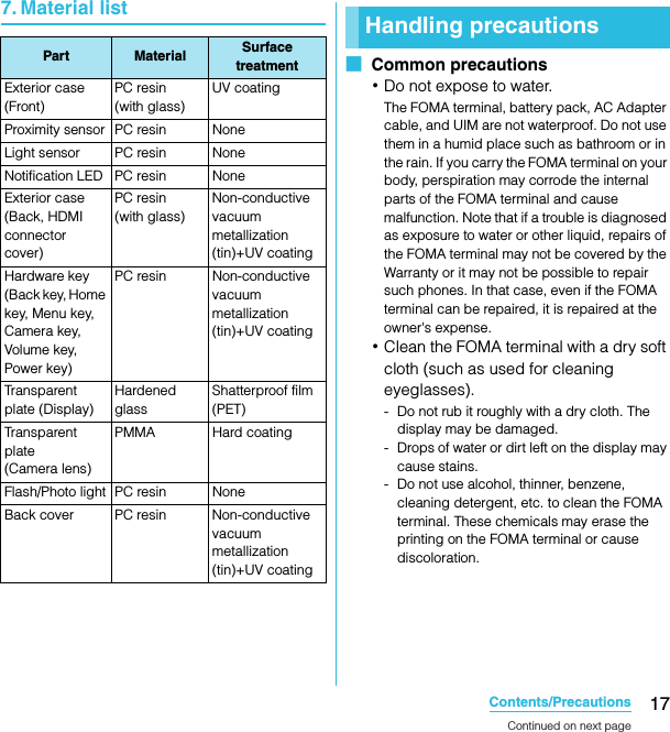 17Contents/PrecautionsSO-02C Web_TA7. Material list■  Common precautions･Do not expose to water.The FOMA terminal, battery pack, AC Adapter cable, and UIM are not waterproof. Do not use them in a humid place such as bathroom or in the rain. If you carry the FOMA terminal on your body, perspiration may corrode the internal parts of the FOMA terminal and cause malfunction. Note that if a trouble is diagnosed as exposure to water or other liquid, repairs of the FOMA terminal may not be covered by the Warranty or it may not be possible to repair such phones. In that case, even if the FOMA terminal can be repaired, it is repaired at the owner&apos;s expense.･Clean the FOMA terminal with a dry soft cloth (such as used for cleaning eyeglasses).- Do not rub it roughly with a dry cloth. The display may be damaged.- Drops of water or dirt left on the display may cause stains.- Do not use alcohol, thinner, benzene, cleaning detergent, etc. to clean the FOMA terminal. These chemicals may erase the printing on the FOMA terminal or cause discoloration.Part Material Surface treatmentExterior case (Front)PC resin (with glass)UV coatingProximity sensor PC resin NoneLight sensor PC resin NoneNotification LED PC resin NoneExterior case (Back, HDMI connector cover)PC resin (with glass)Non-conductive vacuum metallization (tin)+UV coatingHardware key (Back key, Home key, Menu key, Camera key, Volume key, Power key)PC resin Non-conductive vacuum metallization (tin)+UV coatingTransparent plate (Display)Hardened glassShatterproof film (PET)Transparent plate (Camera lens)PMMA Hard coatingFlash/Photo light PC resin NoneBack cover PC resin Non-conductive vacuum metallization (tin)+UV coatingHandling precautionsContinued on next pageSO-02C_E_TA.book  17 ページ  ２０１１年５月２４日　火曜日　午後２時３３分