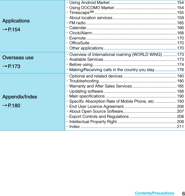 6Contents/PrecautionsSO-02C Web_TAApplications→P.154･Using Android Market ..........................................................154･Using DOCOMO Market ......................................................154･TimescapeTM ........................................................................155･About location services........................................................159･FM radio ...............................................................................165･Calendar...............................................................................166･Clock/Alarm..........................................................................168･Evernote ...............................................................................170･OfficeSuite............................................................................170･Other applications................................................................170Overseas use→P.173･Overview of International roaming (WORLD WING) ............173･Available Services................................................................173･Before using .........................................................................174･Making/Receiving calls in the country you stay ...................178Appendix/Index→P.180･Optional and related devices...............................................180･Troubleshooting....................................................................180･Warranty and After Sales Services.......................................185･Updating software................................................................188･Main specifications ..............................................................190･Specific Absorption Rate of Mobile Phone, etc. ..................193･End User Licence Agreement..............................................206･About Open Source Software...............................................207･Export Controls and Regulations .........................................208･Intellectual Property Right ....................................................208･Index .................................................................................... 211SO-02C_E_TA.book  6 ページ  ２０１１年５月２４日　火曜日　午後２時３３分