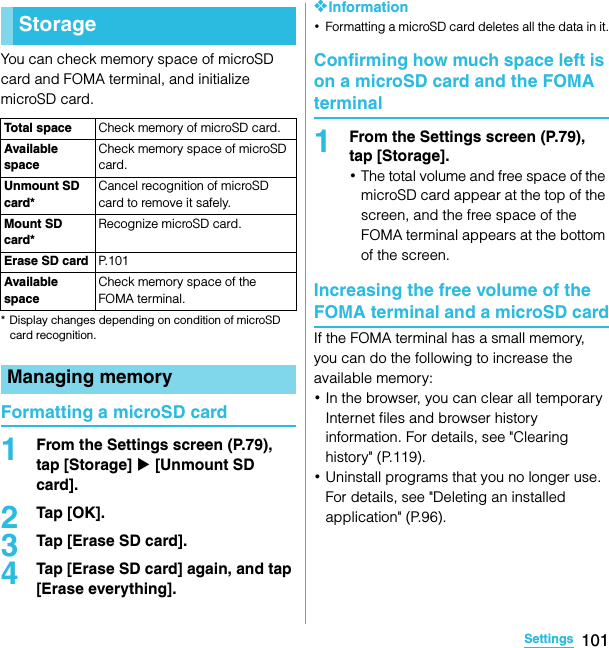 101SettingsSO-02C Web_TAYou can check memory space of microSD card and FOMA terminal, and initialize microSD card.* Display changes depending on condition of microSD card recognition.Formatting a microSD card1From the Settings screen (P.79), tap [Storage] X [Unmount SD card].2Tap [OK].3Tap [Erase SD card].4Tap [Erase SD card] again, and tap [Erase everything].❖Information･Formatting a microSD card deletes all the data in it.Confirming how much space left is on a microSD card and the FOMA terminal1From the Settings screen (P.79), tap [Storage].･The total volume and free space of the microSD card appear at the top of the screen, and the free space of the FOMA terminal appears at the bottom of the screen.Increasing the free volume of the FOMA terminal and a microSD cardIf the FOMA terminal has a small memory, you can do the following to increase the available memory:･In the browser, you can clear all temporary Internet files and browser history information. For details, see &quot;Clearing history&quot; (P.119).･Uninstall programs that you no longer use. For details, see &quot;Deleting an installed application&quot; (P.96).StorageTotal space Check memory of microSD card.Available spaceCheck memory space of microSD card.Unmount SD card*Cancel recognition of microSD card to remove it safely.Mount SD card*Recognize microSD card.Erase SD card P. 1 0 1Available spaceCheck memory space of the FOMA terminal.Managing memorySO-02C_E_TA.book  101 ページ  ２０１１年５月２４日　火曜日　午後２時３３分