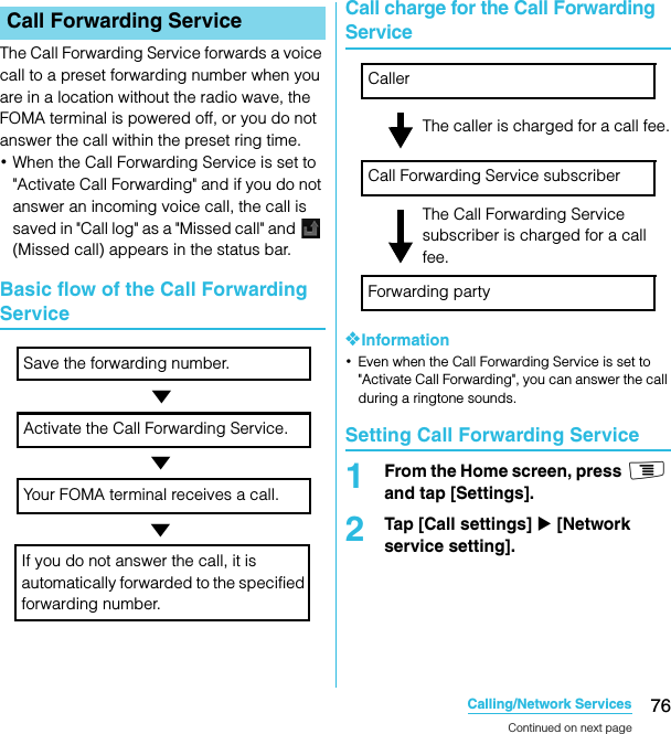 76Calling/Network ServicesSO-02C Web_TAThe Call Forwarding Service forwards a voice call to a preset forwarding number when you are in a location without the radio wave, the FOMA terminal is powered off, or you do not answer the call within the preset ring time.･When the Call Forwarding Service is set to &quot;Activate Call Forwarding&quot; and if you do not answer an incoming voice call, the call is saved in &quot;Call log&quot; as a &quot;Missed call&quot; and   (Missed call) appears in the status bar.Basic flow of the Call Forwarding ServiceCall charge for the Call Forwarding Service❖Information･Even when the Call Forwarding Service is set to &quot;Activate Call Forwarding&quot;, you can answer the call during a ringtone sounds.Setting Call Forwarding Service1From the Home screen, press t and tap [Settings].2Tap [Call settings] X [Network service setting].Call Forwarding ServiceActivate the Call Forwarding Service.Save the forwarding number.Your FOMA terminal receives a call.If you do not answer the call, it is automatically forwarded to the specified forwarding number.▼▼▼Call Forwarding Service subscriberCallerForwarding partyThe caller is charged for a call fee.The Call Forwarding Service subscriber is charged for a call fee.Continued on next pageSO-02C_E_TA.book  76 ページ  ２０１１年５月２４日　火曜日　午後２時３３分