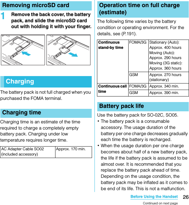 26Before Using the HandsetSO-02C Web_TA1Remove the back cover, the battery pack, and slide the microSD card out with holding it with your finger.The battery pack is not full charged when you purchased the FOMA terminal.Charging time is an estimate of the time required to charge a completely empty battery pack. Charging under low temperature requires longer time.The following time varies by the battery condition or operating environment. For the details, see (P.191).Use the battery pack for SO-02C, SO05.･The battery pack is a consumable accessory. The usage duration of the battery per one charge decreases gradually each time the battery is recharged.･When the usage duration per one charge becomes about half of a new battery pack, the life if the battery pack is assumed to be almost over. It is recommended that you replace the battery pack ahead of time. Depending on the usage condition, the battery pack may be inflated as it comes to be end of its life. This is not a malfunction.Removing microSD cardChargingCharging timeAC Adapter Cable SO02 (included accessory)Approx. 170 min.Operation time on full charge (estimate)Continuous stand-by timeFOMA/3G Stationary (Auto): Approx. 400 hoursMoving (Auto): Approx. 290 hoursMoving (3G static): Approx. 360 hoursGSM Approx. 270 hours (stationary)Continuous call timeFOMA/3G Approx. 340 min.GSM Approx. 390 min.Battery pack lifeContinued on next pageSO-02C_E_TA.book  26 ページ  ２０１１年５月２４日　火曜日　午後２時３３分