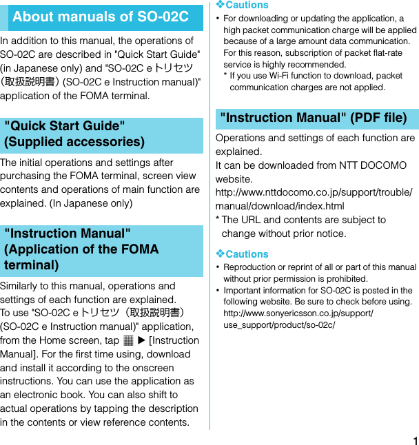 1SO-02C Web_TAIn addition to this manual, the operations of SO-02C are described in &quot;Quick Start Guide&quot; (in Japanese only) and &quot;SO-02C eトリセツ（取扱説明書） (SO-02C e Instruction manual)&quot; application of the FOMA terminal.The initial operations and settings after purchasing the FOMA terminal, screen view contents and operations of main function are explained. (In Japanese only)Similarly to this manual, operations and settings of each function are explained.To use &quot;SO-02C eトリセツ（取扱説明書） (SO-02C e Instruction manual)&quot; application, from the Home screen, tap   X [Instruction Manual]. For the first time using, download and install it according to the onscreen instructions. You can use the application as an electronic book. You can also shift to actual operations by tapping the description in the contents or view reference contents.❖Cautions･For downloading or updating the application, a high packet communication charge will be applied because of a large amount data communication. For this reason, subscription of packet flat-rate service is highly recommended.* If you use Wi-Fi function to download, packet communication charges are not applied.Operations and settings of each function are explained.It can be downloaded from NTT DOCOMO website.http://www.nttdocomo.co.jp/support/trouble/manual/download/index.html* The URL and contents are subject to change without prior notice.❖Cautions･Reproduction or reprint of all or part of this manual without prior permission is prohibited.･Important information for SO-02C is posted in the following website. Be sure to check before using.http://www.sonyericsson.co.jp/support/use_support/product/so-02c/About manuals of SO-02C&quot;Quick Start Guide&quot; (Supplied accessories)&quot;Instruction Manual&quot; (Application of the FOMA terminal)&quot;Instruction Manual&quot; (PDF file)SO-02C_E_TA.book  1 ページ  ２０１１年５月２４日　火曜日　午後２時３３分