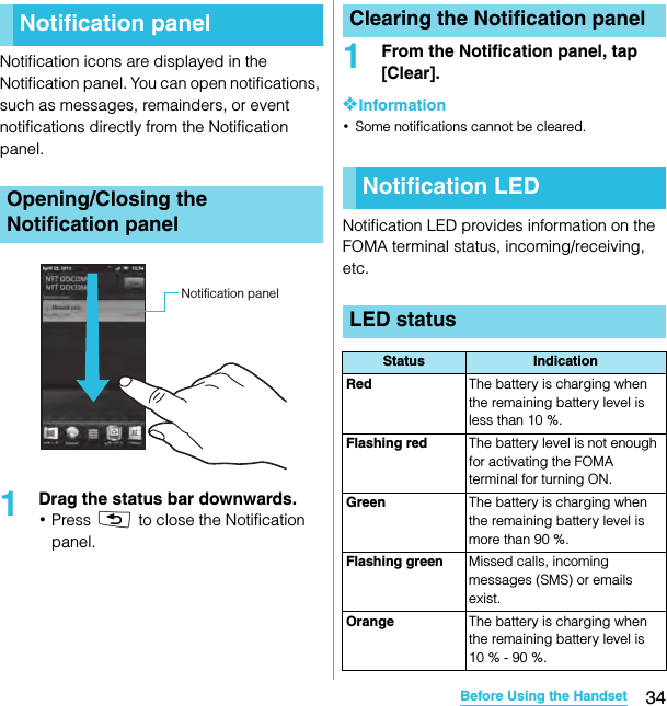 34Before Using the HandsetSO-02C Web_TANotification icons are displayed in the Notification panel. You can open notifications, such as messages, remainders, or event notifications directly from the Notification panel.1Drag the status bar downwards.･Press x to close the Notification panel.1From the Notification panel, tap [Clear].❖Information･Some notifications cannot be cleared.Notification LED provides information on the FOMA terminal status, incoming/receiving, etc.Notification panelOpening/Closing the Notification panelNotification panelClearing the Notification panelNotification LEDLED statusStatus IndicationRed The battery is charging when the remaining battery level is less than 10 %.Flashing red The battery level is not enough for activating the FOMA terminal for turning ON.Green The battery is charging when the remaining battery level is more than 90 %.Flashing green Missed calls, incoming messages (SMS) or emails exist.Orange The battery is charging when the remaining battery level is 10 % - 90 %.SO-02C_E_TA.book  34 ページ  ２０１１年５月２４日　火曜日　午後２時３３分