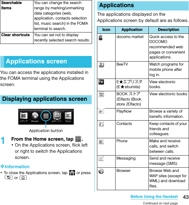 43Before Using the HandsetSO-02C Web_TAYou can access the applications installed in the FOMA terminal using the Applications screen.1From the Home screen, tap  .･On the Applications screen, flick left or right to switch the Applications screen.❖Information･To close the Applications screen, tap   or press x or y .The applications displayed on the Applications screen by default are as follows.Searchable itemsYou can change the search range by marking/unmarking data categories (web, application, contacts selection list, music search) in the FOMA terminal to search.Clear shortcuts You can set not to display recently selected search results.Applications screenDisplaying applications screenApplication buttonApplicationsIcon Application Descriptiondocomo market Quick access to the DOCOMO recommended web pages or convenient applications.BeeTV Watch programs for mobile phone after log in.E★エブリスタ (E★eburista)View electronic books.BOOK ストア 2Dfacto (Book store 2Dfacto)View electronic booksPlayNow Browse a variety of benefic information.Contacts Keep contacts of your friends and colleagues.Phone Make and receive calls, and switch between calls.Messaging Send and receive message (SMS).Browser Browse Web and WAP sites (except for WML) and download files.Continued on next pageSO-02C_E_TA.book  43 ページ  ２０１１年５月２４日　火曜日　午後２時３３分