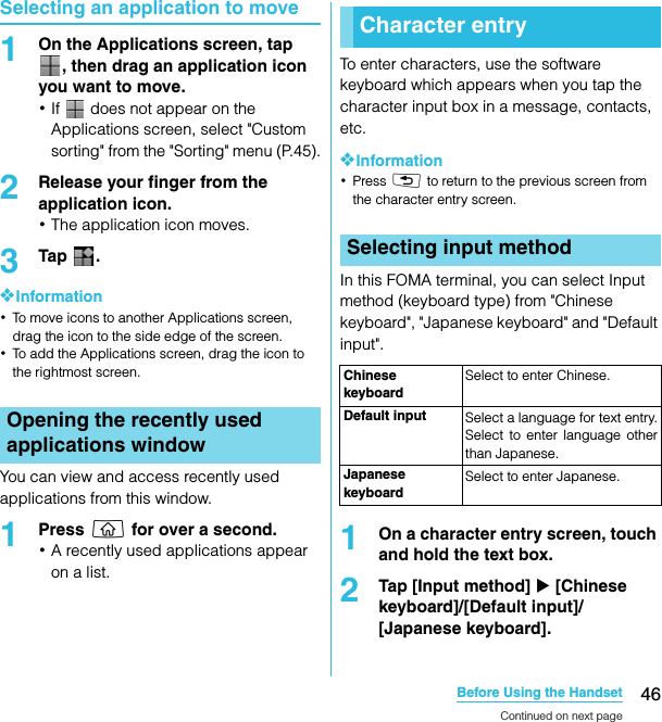 46Before Using the HandsetSO-02C Web_TASelecting an application to move1On the Applications screen, tap , then drag an application icon you want to move.･If   does not appear on the Applications screen, select &quot;Custom sorting&quot; from the &quot;Sorting&quot; menu (P.45).2Release your finger from the application icon.･The application icon moves.3Tap .❖Information･To move icons to another Applications screen, drag the icon to the side edge of the screen.･To add the Applications screen, drag the icon to the rightmost screen.You can view and access recently used applications from this window.1Press y for over a second.･A recently used applications appear on a list.To enter characters, use the software keyboard which appears when you tap the character input box in a message, contacts, etc.❖Information･Press x to return to the previous screen from the character entry screen.In this FOMA terminal, you can select Input method (keyboard type) from &quot;Chinese keyboard&quot;, &quot;Japanese keyboard&quot; and &quot;Default input&quot;.1On a character entry screen, touch and hold the text box.2Tap [Input method] X [Chinese keyboard]/[Default input]/[Japanese keyboard].Opening the recently used applications windowCharacter entrySelecting input methodChinese keyboardSelect to enter Chinese.Default input Select a language for text entry.Select to enter language otherthan Japanese.Japanese keyboardSelect to enter Japanese.Continued on next pageSO-02C_E_TA.book  46 ページ  ２０１１年５月２４日　火曜日　午後２時３３分
