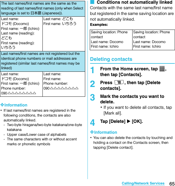 65Calling/Network ServicesSO-02C Web_TA❖Information･If last names/first names are registered in the following conditions, the contacts are also automatically linked.- Two-byte hiragana/two-byte katakana/one-byte katakana- Upper case/Lower case of alphabets- The same characters with or without accent marks or phonetic symbols■  Conditions not automatically linkedContacts with the same last name/first name but registered in the same saving location are not automatically linked.Examples:Deleting contacts1From the Home screen, tap  , then tap [Contacts].2Press t, then tap [Delete contacts].3Mark the contacts you want to delete.･If you want to delete all contacts, tap [Mark all].4Tap [Delete] X [OK].❖Information･You can also delete the contacts by touching and holding a contact on the Contacts screen, then tapping [Delete contact].The last names/first names are the same as the reading of last names/first names (only when Select language is set to 日本語 (Japanese)).Last name: ドコモ (Docomo)First name: 一郎 (Ichiro)Last name (reading): どこもFirst name (reading): いちろうLast name: どこもFirst name: いちろうLast names/first names are not registered but the identical phone numbers or mail addresses are registered (similar last names/first names may be linked)Last name: ドコモ (Docomo)First name: 一郎 (Ichiro)Phone number: 090△△△△△△△△Last name:  First name: Phone number: 090△△△△△△△△Saving location: Phone contactLast name: DocomoFirst name: IchiroSaving location: Phone contact Last name: DocomoFirst name: IchiroSO-02C_E_TA.book  65 ページ  ２０１１年５月２４日　火曜日　午後２時３３分
