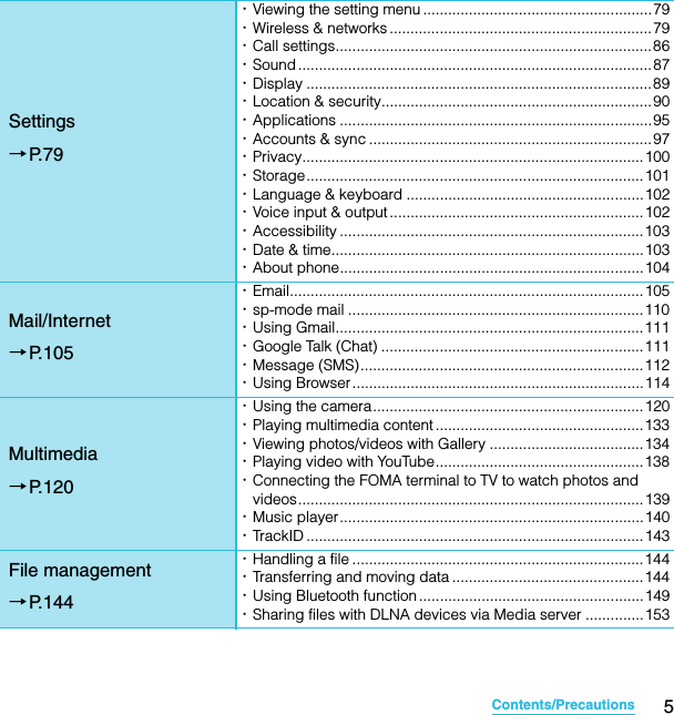5Contents/PrecautionsSO-02C Web_TASettings→P. 7 9･Viewing the setting menu .......................................................79･Wireless &amp; networks ...............................................................79･Call settings............................................................................86･Sound ..................................................................................... 87･Display ................................................................................... 89･Location &amp; security.................................................................90･Applications ...........................................................................95･Accounts &amp; sync ....................................................................97･Privacy..................................................................................100･Storage.................................................................................101･Language &amp; keyboard .........................................................102･Voice input &amp; output .............................................................102･Accessibility .........................................................................103･Date &amp; time...........................................................................103･About phone.........................................................................104Mail/Internet→P.105･Email.....................................................................................105･sp-mode mail .......................................................................110･Using Gmail..........................................................................111･Google Talk (Chat) ...............................................................111･Message (SMS)....................................................................112･Using Browser......................................................................114Multimedia→P.120･Using the camera.................................................................120･Playing multimedia content ..................................................133･Viewing photos/videos with Gallery .....................................134･Playing video with YouTube..................................................138･Connecting the FOMA terminal to TV to watch photos and videos...................................................................................139･Music player.........................................................................140･TrackID .................................................................................143File management→P.144･Handling a file ......................................................................144･Transferring and moving data ..............................................144･Using Bluetooth function ......................................................149･Sharing files with DLNA devices via Media server ..............153SO-02C_E_TA.book  5 ページ  ２０１１年５月２４日　火曜日　午後２時３３分