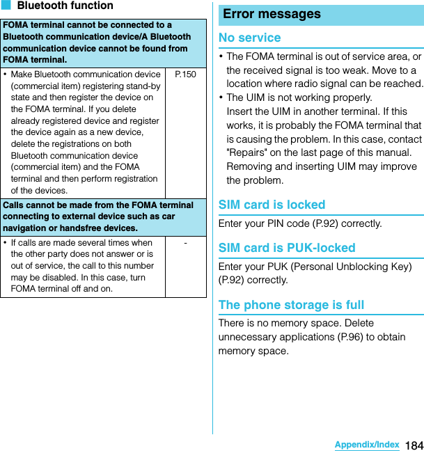 184Appendix/IndexSO-02C Web_TA■  Bluetooth functionNo service･The FOMA terminal is out of service area, or the received signal is too weak. Move to a location where radio signal can be reached.･The UIM is not working properly. Insert the UIM in another terminal. If this works, it is probably the FOMA terminal that is causing the problem. In this case, contact &quot;Repairs&quot; on the last page of this manual.Removing and inserting UIM may improve the problem.SIM card is lockedEnter your PIN code (P.92) correctly.SIM card is PUK-lockedEnter your PUK (Personal Unblocking Key) (P.92) correctly.The phone storage is fullThere is no memory space. Delete unnecessary applications (P.96) to obtain memory space.FOMA terminal cannot be connected to a Bluetooth communication device/A Bluetooth communication device cannot be found from FOMA terminal.･Make Bluetooth communication device (commercial item) registering stand-by state and then register the device on the FOMA terminal. If you delete already registered device and register the device again as a new device, delete the registrations on both Bluetooth communication device (commercial item) and the FOMA terminal and then perform registration of the devices.P. 1 5 0Calls cannot be made from the FOMA terminal connecting to external device such as car navigation or handsfree devices.･If calls are made several times when the other party does not answer or is out of service, the call to this number may be disabled. In this case, turn FOMA terminal off and on.-Error messagesSO-02C_E_TA.book  184 ページ  ２０１１年５月２４日　火曜日　午後２時３３分