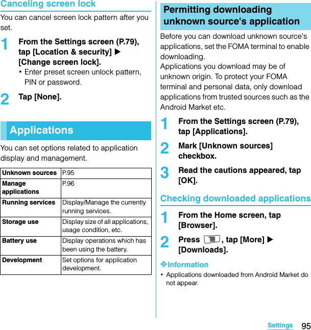 95SettingsSO-02C Web_TACanceling screen lockYou can cancel screen lock pattern after you set.1From the Settings screen (P.79), tap [Location &amp; security] X [Change screen lock].･Enter preset screen unlock pattern, PIN or password.2Tap [None].You can set options related to application display and management.Before you can download unknown source&apos;s applications, set the FOMA terminal to enable downloading.Applications you download may be of unknown origin. To protect your FOMA terminal and personal data, only download applications from trusted sources such as the Android Market etc.1From the Settings screen (P.79), tap [Applications].2Mark [Unknown sources] checkbox.3Read the cautions appeared, tap [OK].Checking downloaded applications1From the Home screen, tap [Browser].2Press t, tap [More] X [Downloads].❖Information･Applications downloaded from Android Market do not appear.ApplicationsUnknown sources P. 9 5Manage applicationsP. 9 6Running services Display/Manage the currently running services.Storage use Display size of all applications, usage condition, etc.Battery use Display operations which has been using the battery.Development Set options for application development.Permitting downloading unknown source&apos;s applicationSO-02C_E_TA.book  95 ページ  ２０１１年５月２４日　火曜日　午後２時３３分