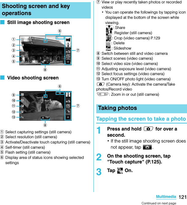 121MultimediaSO-02C Web_TA■  Still image shooting screen■  Video shooting screenaSelect capturing settings (still camera)bSelect resolution (still camera)cActivate/Deactivate touch capturing (still camera)dSelf-timer (still camera)eFlash setting (still camera)fDisplay area of status icons showing selected settingsgView or play recently taken photos or recorded videos･You can operate the followings by tapping icon displayed at the bottom of the screen while viewing.: Share: Register (still camera): Crop (video camera) P.129: Delete: SlideshowhSwitch between still and video cameraiSelect scenes (video camera)jSelect video size (video camera)kAdjusting exposure level (video camera)lSelect focus settings (video camera)mTurn ON/OFF photo light (video camera)k (Camera key): Activate the camera/Take photos/Record videom: Zoom in or out (still camera)Tapping the screen to take a photo1Press and hold k for over a second.･If the still image shooting screen does not appear, tap  .2On the shooting screen, tap &quot;Touch capture&quot; (P.125).3Tap  On.Shooting screen and key operationsabcdeghfijklmghfTaking photosContinued on next pageSO-02C_E_TA.book  121 ページ  ２０１１年５月２４日　火曜日　午後２時３３分