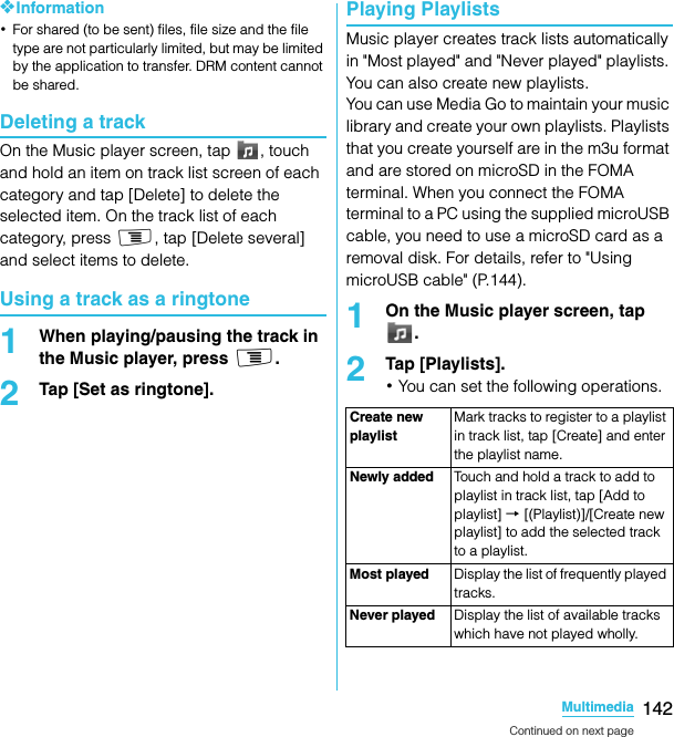 142MultimediaSO-02C Web_TA❖Information･For shared (to be sent) files, file size and the file type are not particularly limited, but may be limited by the application to transfer. DRM content cannot be shared.Deleting a trackOn the Music player screen, tap  , touch and hold an item on track list screen of each category and tap [Delete] to delete the selected item. On the track list of each category, press t, tap [Delete several] and select items to delete.Using a track as a ringtone1When playing/pausing the track in the Music player, press t.2Tap [Set as ringtone].Playing PlaylistsMusic player creates track lists automatically in &quot;Most played&quot; and &quot;Never played&quot; playlists. You can also create new playlists.You can use Media Go to maintain your music library and create your own playlists. Playlists that you create yourself are in the m3u format and are stored on microSD in the FOMA terminal. When you connect the FOMA terminal to a PC using the supplied microUSB cable, you need to use a microSD card as a removal disk. For details, refer to &quot;Using microUSB cable&quot; (P.144).1On the Music player screen, tap .2Tap [Playlists].･You can set the following operations.Create new playlistMark tracks to register to a playlist in track list, tap [Create] and enter the playlist name.Newly added Touch and hold a track to add to playlist in track list, tap [Add to playlist] → [(Playlist)]/[Create new playlist] to add the selected track to a playlist.Most played Display the list of frequently played tracks.Never played Display the list of available tracks which have not played wholly.Continued on next pageSO-02C_E_TA.book  142 ページ  ２０１１年５月２４日　火曜日　午後２時３３分