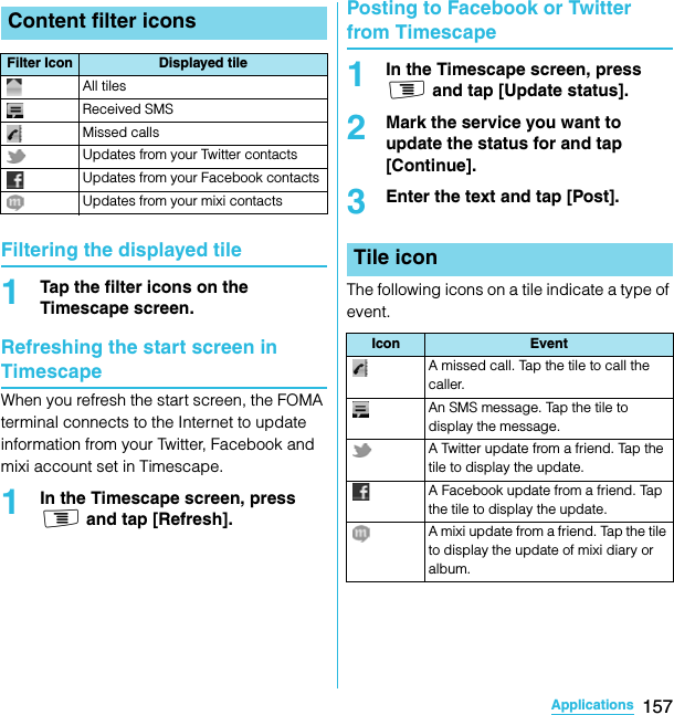 157ApplicationsSO-02C Web_TAFiltering the displayed tile1Tap the filter icons on the Timescape screen.Refreshing the start screen in TimescapeWhen you refresh the start screen, the FOMA terminal connects to the Internet to update information from your Twitter, Facebook and mixi account set in Timescape.1In the Timescape screen, press t and tap [Refresh].Posting to Facebook or Twitter from Timescape1In the Timescape screen, press t and tap [Update status].2Mark the service you want to update the status for and tap [Continue].3Enter the text and tap [Post].The following icons on a tile indicate a type of event.Content filter iconsFilter Icon Displayed tileAll tilesReceived SMSMissed callsUpdates from your Twitter contactsUpdates from your Facebook contactsUpdates from your mixi contactsTile iconIcon EventA missed call. Tap the tile to call the caller.An SMS message. Tap the tile to display the message.A Twitter update from a friend. Tap the tile to display the update.A Facebook update from a friend. Tap the tile to display the update.A mixi update from a friend. Tap the tile to display the update of mixi diary or album.SO-02C_E_TA.book  157 ページ  ２０１１年５月２４日　火曜日　午後２時３３分