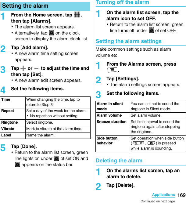 169ApplicationsSO-02C Web_TA1From the Home screen, tap  , then tap [Alarms].･The alarm list screen appears.･Alternatively, tap   on the clock screen to display the alarm clock list.2Tap [Add alarm].･A new alarm time setting screen appears.3Tap   or   to adjust the time and then tap [Set].･A new alarm edit screen appears.4Set the following items.5Tap [Done].･Return to the alarm list screen, green line lights on under   of set ON and  appears on the status bar.Turning off the alarm1On the alarm list screen, tap the alarm icon to set OFF.･Return to the alarm list screen, green line turns off under   of set OFF.Setting the alarm settingsMake common settings such as alarm volume etc.1From the Alarms screen, press t.2Tap [Settings].･The alarm settings screen appears.3Set the following items.Deleting the alarm1On the alarms list screen, tap an alarm to delete.2Tap [Delete].Setting the alarmTime When changing the time, tap to return to Step 3.Repeat Set a day of the week for the alarm.･No repetition without settingRingtone Select ringtone.Vibrate Mark to vibrate at the alarm time.Label Name the alarm.Alarm in silent modeYou can set not to sound the ringtone in Silent mode.Alarm volume Set alarm volume.Snooze duration Set time interval to sound the ringtone again after stopping the ringtone.Side button behaviorSet operation when side button (m, k) is pressed while alarm is sounding.Continued on next pageSO-02C_E_TA.book  169 ページ  ２０１１年５月２４日　火曜日　午後２時３３分