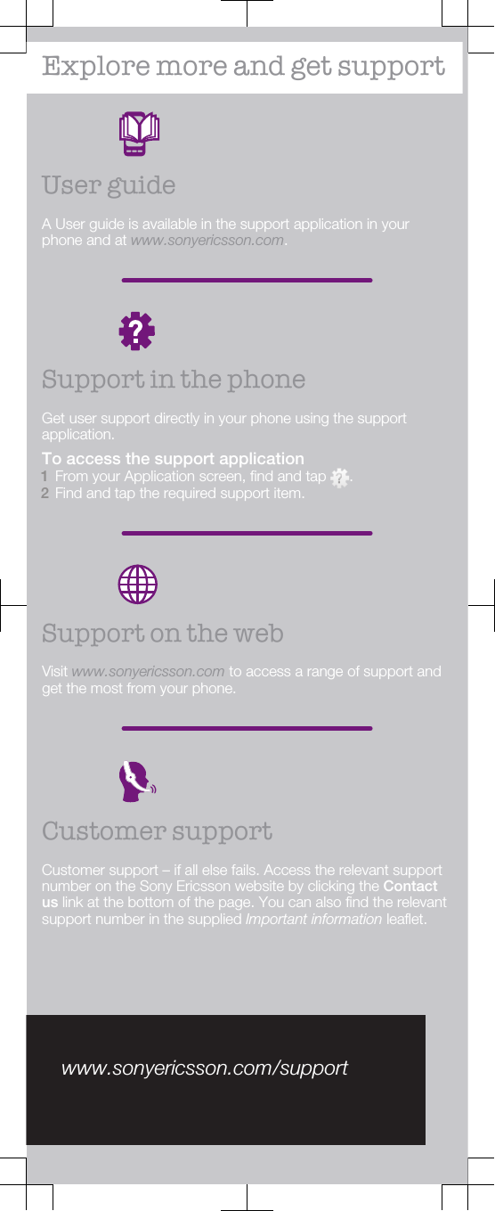 Explore more and get supportUser guideA User guide is available in the support application in yourphone and at www.sonyericsson.com.Support in the phoneGet user support directly in your phone using the supportapplication.To access the support application1From your Application screen, find and tap  .2Find and tap the required support item.Support on the webVisit www.sonyericsson.com to access a range of support andget the most from your phone.Customer supportCustomer support – if all else fails. Access the relevant supportnumber on the Sony Ericsson website by clicking the Contactus link at the bottom of the page. You can also find the relevantsupport number in the supplied Important information leaflet.www.sonyericsson.com/support