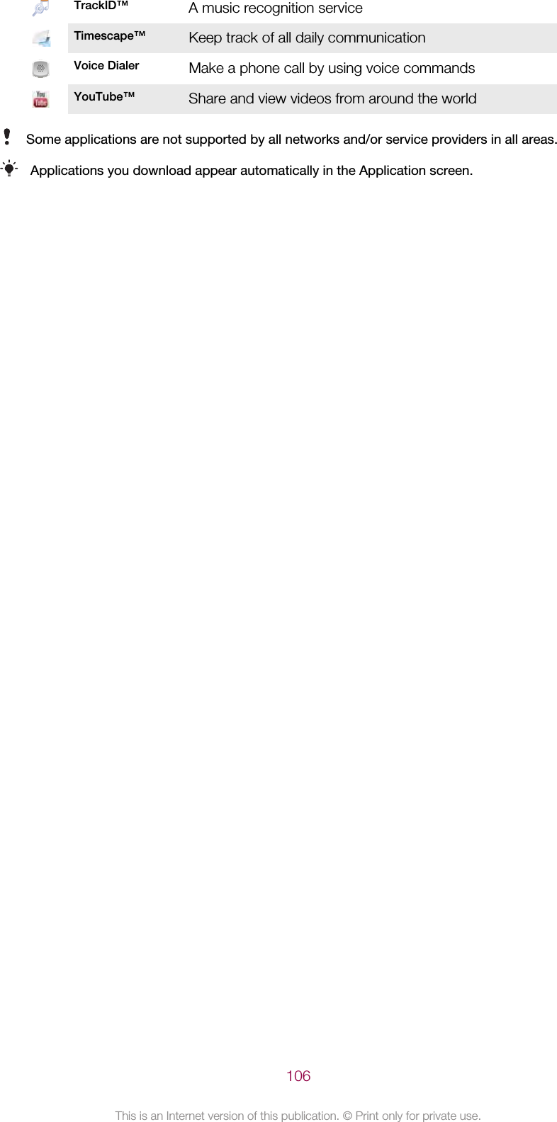 TrackID™ A music recognition serviceTimescape™ Keep track of all daily communicationVoice Dialer Make a phone call by using voice commandsYouTube™ Share and view videos from around the worldSome applications are not supported by all networks and/or service providers in all areas.Applications you download appear automatically in the Application screen.106This is an Internet version of this publication. © Print only for private use.