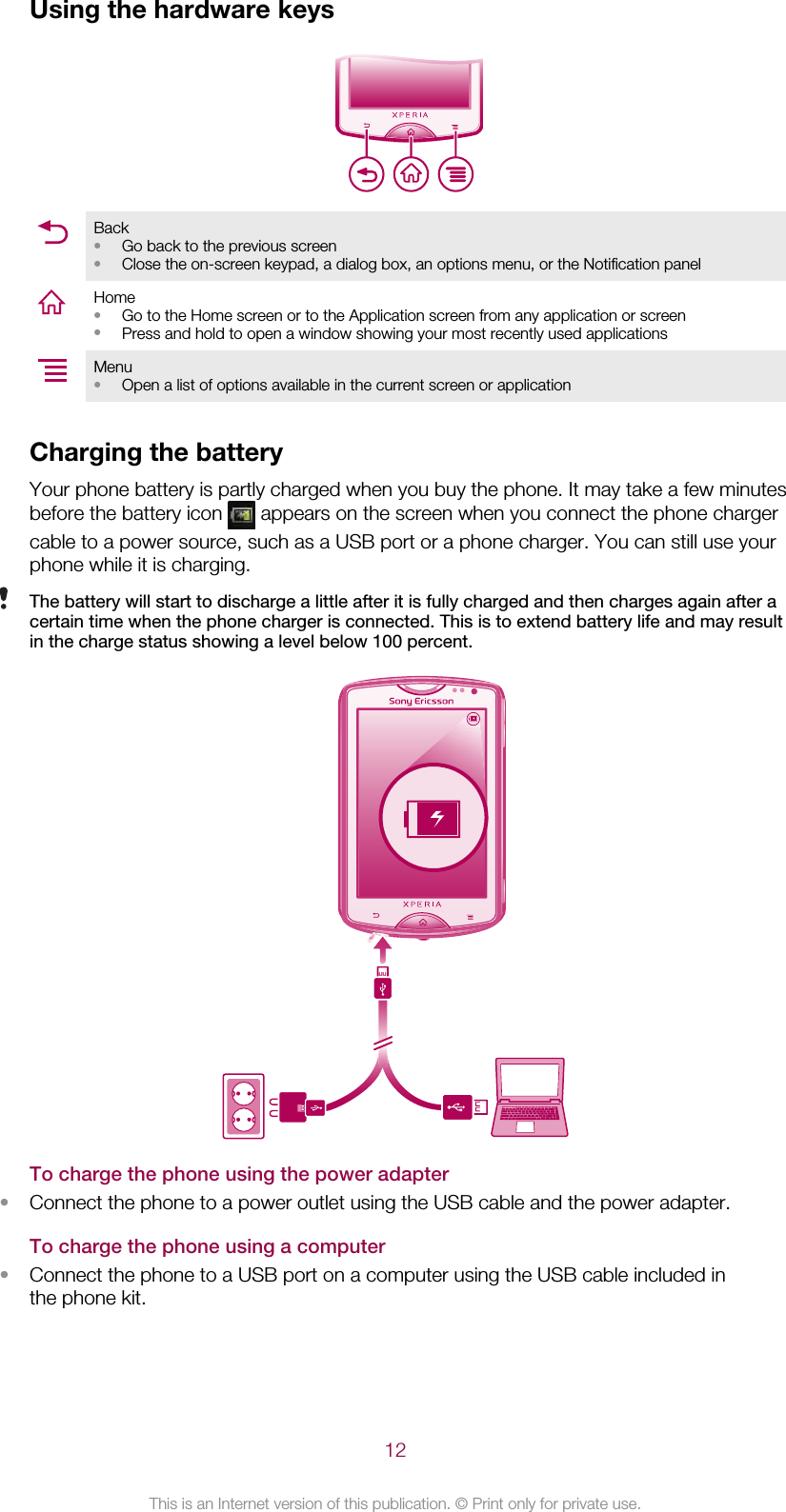 Using the hardware keysBack•Go back to the previous screen•Close the on-screen keypad, a dialog box, an options menu, or the Notification panelHome•Go to the Home screen or to the Application screen from any application or screen•Press and hold to open a window showing your most recently used applicationsMenu•Open a list of options available in the current screen or applicationCharging the batteryYour phone battery is partly charged when you buy the phone. It may take a few minutesbefore the battery icon   appears on the screen when you connect the phone chargercable to a power source, such as a USB port or a phone charger. You can still use yourphone while it is charging.The battery will start to discharge a little after it is fully charged and then charges again after acertain time when the phone charger is connected. This is to extend battery life and may resultin the charge status showing a level below 100 percent.To charge the phone using the power adapter•Connect the phone to a power outlet using the USB cable and the power adapter.To charge the phone using a computer•Connect the phone to a USB port on a computer using the USB cable included inthe phone kit.12This is an Internet version of this publication. © Print only for private use.
