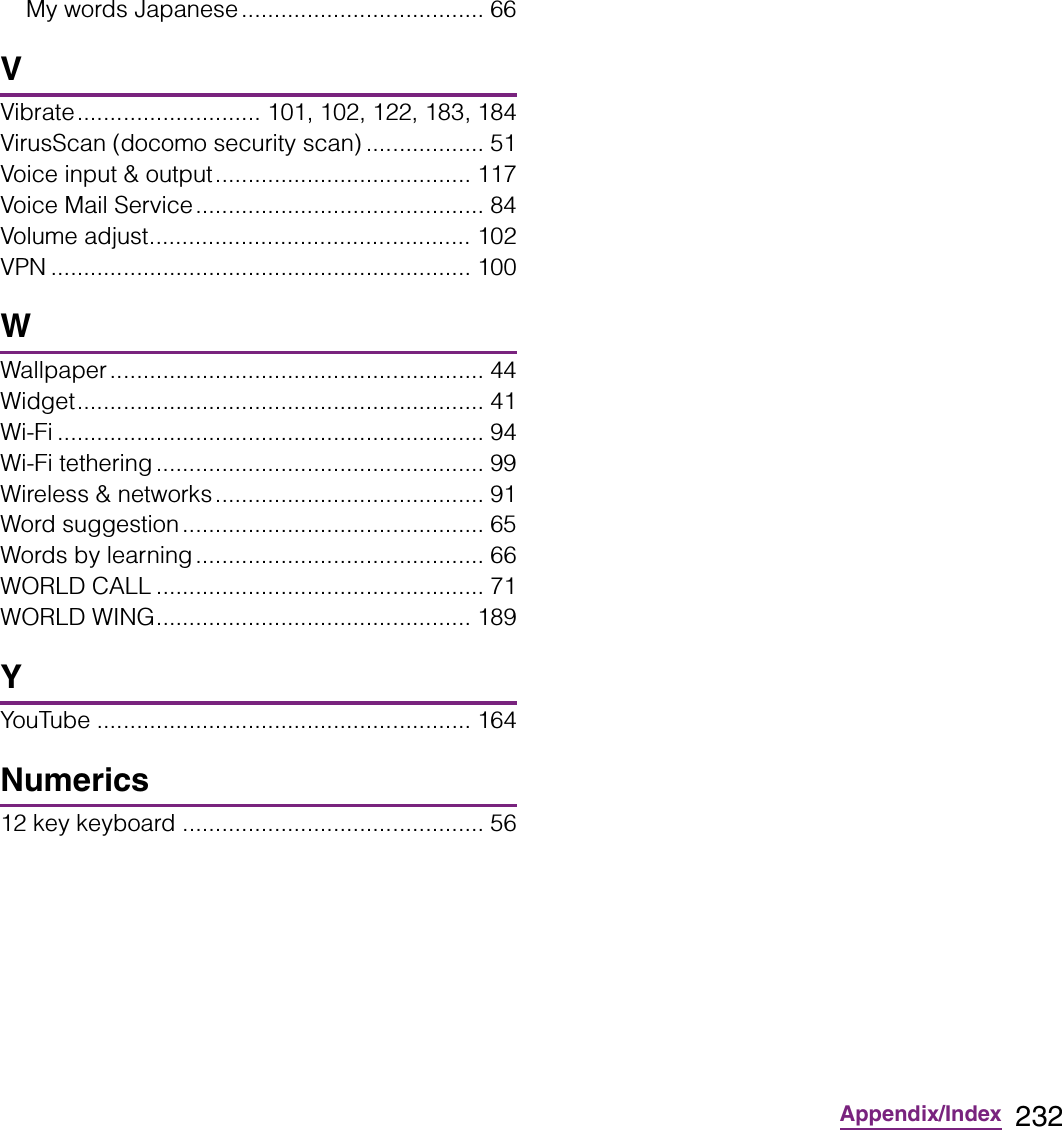 232Appendix/IndexMy words Japanese..................................... 66VVibrate............................ 101, 102, 122, 183, 184VirusScan (docomo security scan) .................. 51Voice input &amp; output....................................... 117Voice Mail Service............................................ 84Volume adjust................................................. 102VPN ................................................................ 100WWallpaper......................................................... 44Widget.............................................................. 41Wi-Fi ................................................................. 94Wi-Fi tethering .................................................. 99Wireless &amp; networks......................................... 91Word suggestion .............................................. 65Words by learning ............................................ 66WORLD CALL .................................................. 71WORLD WING................................................ 189YYouTube ......................................................... 164Numerics12 key keyboard .............................................. 56