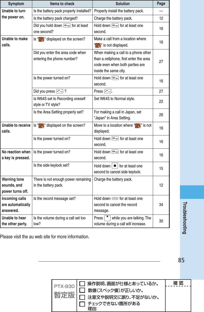 85TroubleshootingSymptom Items to check Solution PageUnable to turn the power on.Is the battery pack properly installed? Properly install the battery pack. —Is the battery pack charged? Charge the battery pack. 12Did you hold down t for at least one second?Hold down t for at least one second. 16Unable to make calls.Is &quot; &quot; displayed on the screen? Make a call from a location where&quot;&quot; is not displayed. 16Did you enter the area code when entering the phone number?When making a call to a phone other than a cellphone, ﬁ rst enter the area code even when both parties are inside the same city.27Is the power turned on? Hold down t for at least one second. 16Did you press T ? Press T.27Is W64S set to Recording oneself style or TV style?Set W64S to Normal style. 22Is the Area Setting properly set? For making a call in Japan, set &quot;Japan&quot; in Area Setting. 26Unable to receive calls.Is &quot; &quot; displayed on the screen? Move to a location where &quot; &quot; is not displayed. 16Is the power turned on? Hold down t for at least one second. 16No reaction when a key is pressed.Is the power turned on? Hold down t for at least one second. 16Is the side keylock set? Hold down p for at least one second to cancel side keylock.15Warning tone sounds, and power turns off.There is not enough power remaining in the battery pack.Charge the battery pack.12Incoming calls are automatically  answered.Is the record message set? Hold down M for at least one second to cancel the record message.34Unable to hear the other party.Is the volume during a call set too low?Press u while you are talking. The volume during a call will increase. 30Please visit the au web site for more information.