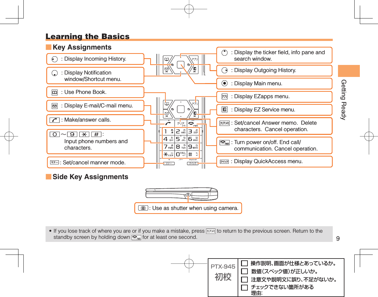 9Getting Ready Learning the Basics Key AssignmentsSide Key AssignmentsIf you lose track of where you are or if you make a mistake, press   to return to the previous screen. Return to the standby screen by holding down   for at least one second.■■•&amp;lCN0∼9*#:uc%rd: Display Notification window/Shortcut menu.: Make/answer calls.  : Set/cancel Answer memo.  Delete  characters.  Cancel operation.: Display Incoming History.: Display the ticker field, info pane and   search window.: Display Main menu.R: Display EZ Service menu.Input phone numbers and characters.: Display Outgoing History.: Display EZapps menu.: Use Phone Book.L: Display E-mail/C-mail menu.i: Display QuickAccess menu.F: Turn power on/off. End call/  communication.  Cancel operation.(: Set/cancel manner mode.&amp;lCN0∼9*#:uc%rd: Display Notification window/Shortcut menu.: Make/answer calls.  : Set/cancel Answer memo.  Delete  characters.  Cancel operation.: Display Incoming History.: Display the ticker field, info pane and   search window.: Display Main menu.R: Display EZ Service menu.Input phone numbers and characters.: Display Outgoing History.: Display EZapps menu.: Use Phone Book.L: Display E-mail/C-mail menu.i: Display QuickAccess menu.F: Turn power on/off. End call/  communication.  Cancel operation.(: Set/cancel manner mode.): Use as shutter when using camera.): Use as shutter when using camera.