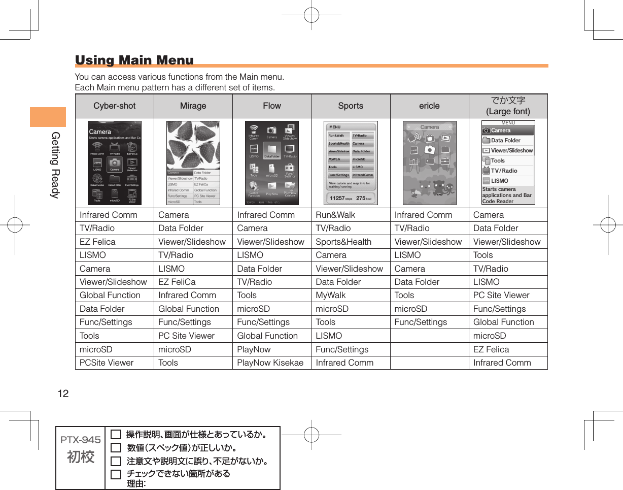 12Getting ReadyUsing  Main MenuYou can access various functions from the Main menu.Each Main menu pattern has a different set of items.Cyber-shot Mirage Flow Sports ericle でか文字(Large font)Infrared Comm Camera Infrared Comm Run&amp;Walk Infrared Comm CameraTV/Radio Data Folder Camera TV/Radio TV/Radio Data FolderEZ Felica Viewer/Slideshow Viewer/Slideshow Sports&amp;Health Viewer/Slideshow Viewer/SlideshowLISMO TV/Radio LISMO Camera LISMO ToolsCamera LISMO Data Folder Viewer/Slideshow Camera TV/RadioViewer/Slideshow EZ FeliCa TV/Radio Data Folder Data Folder LISMOGlobal Function Infrared Comm Tools MyWalk Tools PC Site ViewerData Folder Global Function microSD microSD microSD Func/SettingsFunc/Settings Func/Settings Func/Settings Tools Func/Settings Global FunctionTools PC Site Viewer Global Function LISMO microSDmicroSD microSD PlayNow Func/Settings EZ FelicaPCSite Viewer Tools PlayNow Kisekae Infrared Comm Infrared Comm