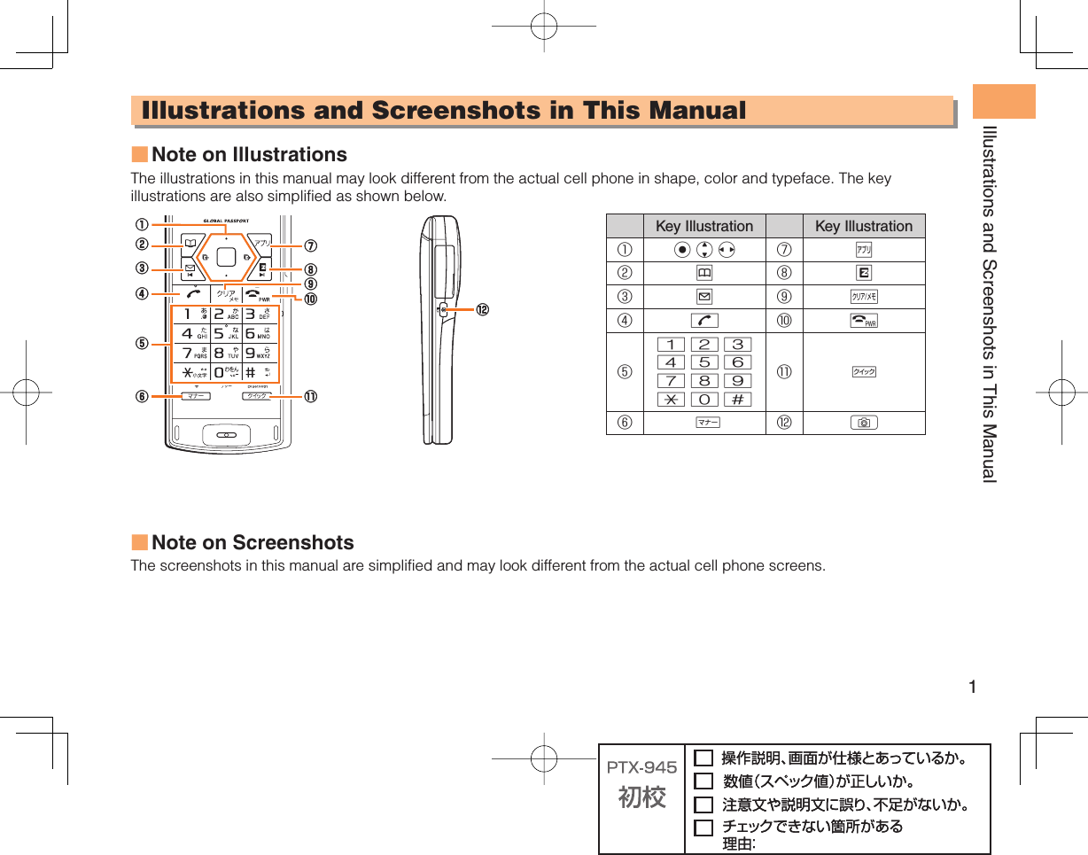 1Illustrations and Screenshots in This ManualIllustrations and Screenshots in This ManualNote on IllustrationsThe illustrations in this manual may look different from the actual cell phone in shape, color and typeface. The key illustrations are also simplified as shown below.Key Illustration Key Illustration①cjs ⑦%②&amp;⑧R③L⑨C④N⑩F⑤123456789*0#⑪i⑥v( ⑫)Note on Screenshots The screenshots in this manual are simplified and may look different from the actual cell phone screens.■■⑫①②⑥④③⑤⑪⑧⑨⑦⑩⑫①②⑥④③⑤⑪⑧⑨⑦⑩
