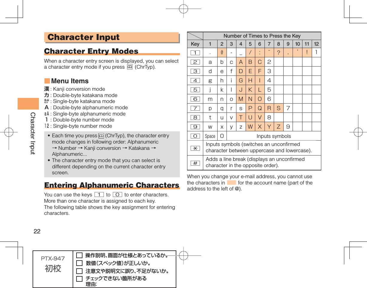 22Character Input Character Input Character Entry ModesWhen a character entry screen is displayed, you can select a character entry mode if you press &amp; (ChrTyp).Menu Items漢 : Kanji conversion modeカ : Double-byte katakana modeカナ : Single-byte katakana modeＡ : Double-byte alphanumeric modeａＡ : Single-byte alphanumeric mode１ : Double-byte number mode１２ : Single-byte number modeEach time you press   (ChrTyp), the character entry mode changes in following order: Alphanumeric → Number → Kanji conversion → Katakana →Alphanumeric...The character entry mode that you can select is different depending on the current character entry screen.Entering Alphanumeric CharactersYou can use the keys 1 to 0 to enter characters. More than one character is assigned to each key. The following table shows the key assignment for entering characters.■••Number of Times to Press the KeyKey 1 2 3 4 5 6 7 8 9 10 11 121.@-_/: ~?,’!12abcABC23defDEF34g hiGHI45j k l JKL56mnoMNO67p qrsPQRS78tuvTUV89w x y zWXYZ90Space0Inputs symbols*Inputs symbols (switches an unconfirmed character between uppercase and lowercase).#Adds a line break (displays an unconfirmed character in the opposite order). When you change your e-mail address, you cannot use the characters in ■ for the account name (part of the address to the left of @).