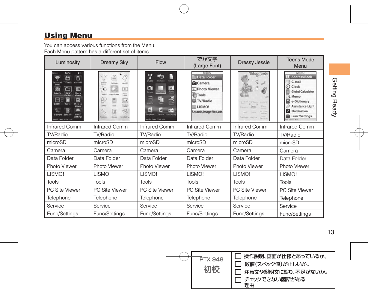 13Getting ReadyUsing  MenuYou can access various functions from the Menu.Each Menu pattern has a different set of items.Luminosity Dreamy Sky Flow でか文字(Large Font) Dressy Jessie Teens Mode MenuInfrared Comm Infrared Comm Infrared Comm Infrared Comm Infrared Comm Infrared CommTV/Radio TV/Radio TV/Radio TV/Radio TV/Radio TV/RadiomicroSD microSD microSD microSD microSD microSDCamera Camera Camera Camera Camera CameraData Folder Data Folder Data Folder Data Folder Data Folder Data FolderPhoto Viewer Photo Viewer Photo Viewer Photo Viewer Photo Viewer Photo ViewerLISMO! LISMO! LISMO! LISMO! LISMO! LISMO!Tools Tools Tools Tools Tools ToolsPC Site Viewer PC Site Viewer PC Site Viewer PC Site Viewer PC Site Viewer PC Site ViewerTelephone Telephone Telephone Telephone Telephone TelephoneService Service Service Service Service ServiceFunc/Settings Func/Settings Func/Settings Func/Settings Func/Settings Func/Settings