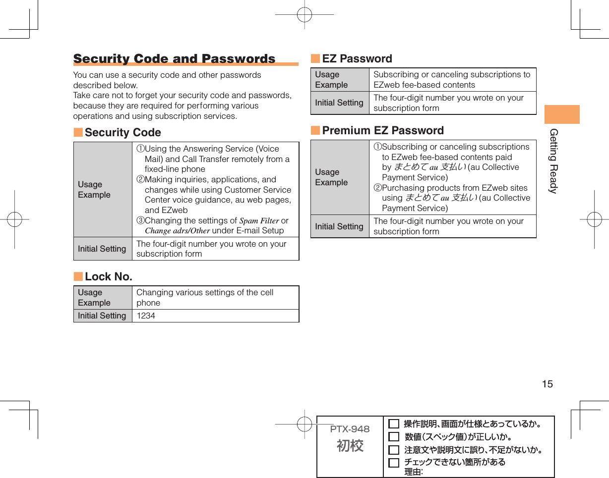 15Getting Ready Security Code and  PasswordsYou can use a security code and other passwords described below.Take care not to forget your security code and passwords, because they are required for performing various operations and using subscription services.Security Code Usage Example① Using the Answering Service (Voice Mail) and Call Transfer remotely from a fixed-line phone② Making inquiries, applications, and changes while using Customer Service Center voice guidance, au web pages, and EZweb③ Changing the settings of Spam Filter or Change adrs/Other under E-mail SetupInitial Setting The four-digit number you wrote on your subscription form Lock No.Usage ExampleChanging various settings of the cell phoneInitial Setting 1234■■ EZ PasswordUsage ExampleSubscribing or canceling subscriptions to EZweb fee-based contentsInitial Setting The four-digit number you wrote on your subscription form Premium EZ PasswordUsage Example① Subscribing or canceling subscriptions to EZweb fee-based contents paid by まとめて au 支払い (au Collective Payment Service)② Purchasing products from EZweb sites using まとめて au 支払い (au Collective Payment Service)Initial Setting The four-digit number you wrote on your subscription form■■