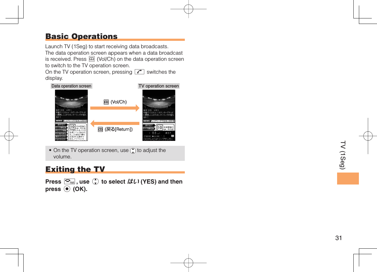 31TV (1Seg) Basic OperationsLaunch TV (1Seg) to start receiving data broadcasts. The data operation screen appears when a data broadcast is received. Press &amp; (Vol/Ch) on the data operation screen to switch to the TV operation screen. On the TV operation screen, pressing N switches the display.On the TV operation screen, use   to adjust the volume. Exiting the TVPress F, use j to select はい (YES) and then press c (OK).•TV operation screenData operation screen&amp; (Vol/Ch)&amp; (戻る[Return])TV operation screenData operation screen&amp; (Vol/Ch)&amp; (戻る[Return])