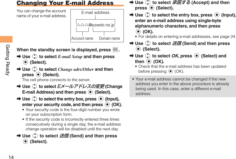 14Getting ReadyUse j to select 承諾する (Accept) and then press c (Select).Use j to select the entry box, press c (Input), enter an e-mail address using single-byte alphanumeric characters, and then press c (OK).For details on entering e-mail addresses, see page 24.Use j to select 送信 (Send) and then press c (Select).Use j to select OK, press c (Select) and then c (OK).Check that the e-mail address has been updated before pressing c (OK).Your e-mail address cannot be changed if the new address you enter in the above procedure is already being used. In this case, enter a different e-mail address.➡➡•➡➡•• Changing Your  E-mail AddressYou can change the account name of your e-mail address.When the standby screen is displayed, press L. Use j to select E-mail Setup and then press c (Select).Use j to select Change adrs/Other and then press c (Select).The cell phone connects to the server.Use j to select Eメールアドレスの変更 (Change E-mail Address) and then press c (Select).Use j to select the entry box, press c (Input), enter your security code, and then press c (OK).Your security code is the four-digit number you wrote on your subscription form.If the security code is incorrectly entered three times consecutively during a single day, the e-mail address change operation will be disabled until the next day.Use j to select 送信 (Send) and then press c (Select).➡➡➡➡••➡△△△@ezweb.ne.jpAccount name Domain nameE-mail address△△△@ezweb.ne.jpAccount name Domain nameE-mail address