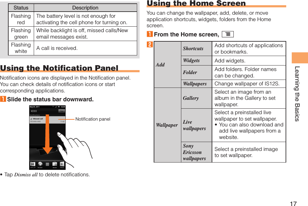 17Learning the BasicsStatus DescriptionFlashing redThe battery level is not enough for activating the cell phone for turning on.Flashing greenWhile backlight is off, missed calls/New email messages exist.Flashing white A call is received.Using the Notification PanelNotification icons are displayed in the Notification panel. You can check details of notification icons or start corresponding applications.1 Slide the status bar downward.Notification panelTap Dismiss all to delete notifications.•Using the Home ScreenYou can change the wallpaper, add, delete, or move application shortcuts, widgets, folders from the Home screen.1 From the Home screen, t2AddShortcuts Add shortcuts of applications or bookmarks.Widgets Add widgets.Folder Add folders. Folder names can be changed.Wallpapers Change wallpaper of IS12S.WallpaperGallerySelect an image from an album in the Gallery to set wallpaper.Live wallpapersSelect a preinstalled live wallpaper to set wallpaper.You can also download and add live wallpapers from a website.•Sony Ericsson wallpapersSelect a preinstalled image to set wallpaper.