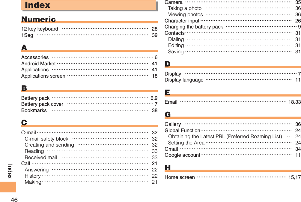 46IndexIndexNumeric12 key keyboard  …………………………………………… 281Seg  ………………………………………………………… 39AAccessories  …………………………………………………… 6Android Market ……………………………………………… 41Applications  ………………………………………………… 41Applications screen ………………………………………… 18BBattery pack ………………………………………………… 6,9Battery pack cover  …………………………………………… 7Bookmarks  ………………………………………………… 38CC-mail ………………………………………………………… 32C-mail safety block ……………………………………… 32Creating and sending …………………………………… 32Reading …………………………………………………… 33Received mail …………………………………………… 33Call …………………………………………………………… 21Answering ………………………………………………… 22History……………………………………………………… 22Making……………………………………………………… 21Camera ……………………………………………………… 35Taking a photo …………………………………………… 36Viewing photos …………………………………………… 36Character input ……………………………………………… 26Charging the battery pack  …………………………………… 9Contacts ……………………………………………………… 31Dialing……………………………………………………… 31Editing……………………………………………………… 31Saving……………………………………………………… 31DDisplay  ………………………………………………………… 7Display language …………………………………………… 11EEmail  ……………………………………………………… 18,33GGallery  ……………………………………………………… 36Global Function……………………………………………… 24Obtaining the Latest PRL (Preferred Roaming List) … 24Setting the Area…………………………………………… 24Gmail ………………………………………………………… 34Google account……………………………………………… 11HHome screen ……………………………………………… 15,17