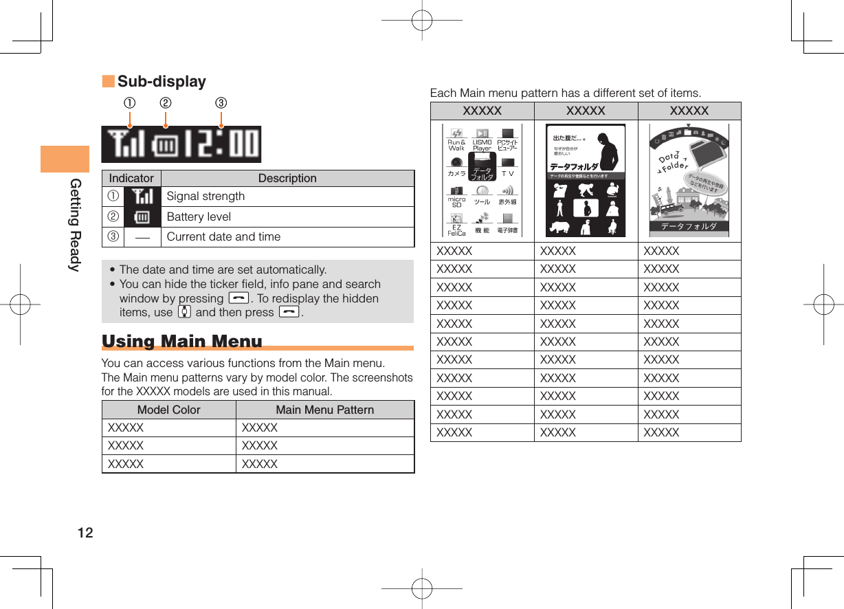 12Getting ReadySub-displayIndicator Description①Signal strength②Battery level③Current date and timeThe date and time are set automatically.You can hide the ticker field, info pane and search window by pressing sS. To redisplay the hidden items, use gG and then press sS.Using Main MenuYou can access various functions from the Main menu.The Main menu patterns vary by model color. The screenshots for the XXXXX models are used in this manual.Model Color Main Menu PatternXXXXX XXXXXXXXXX XXXXXXXXXX XXXXX■••① ② ③① ② ③ Each Main menu pattern has a different set of items.XXXXX XXXXX XXXXXXXXXX XXXXX XXXXXXXXXX XXXXX XXXXXXXXXX XXXXX XXXXXXXXXX XXXXX XXXXXXXXXX XXXXX XXXXXXXXXX XXXXX XXXXXXXXXX XXXXX XXXXXXXXXX XXXXX XXXXXXXXXX XXXXX XXXXXXXXXX XXXXX XXXXXXXXXX XXXXX XXXXX