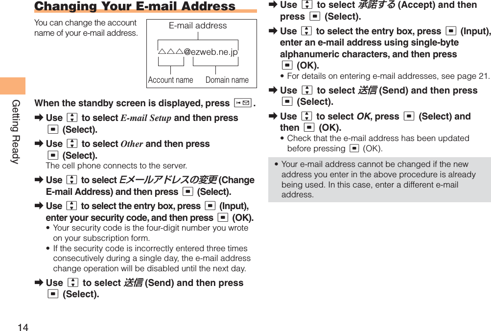 14Getting ReadyChanging Your  E-mail AddressYou can change the account name of your e-mail address.When the standby screen is displayed, press L.Use j to select E-mail Setup and then press c (Select).Use j to select Other and then press c (Select).The cell phone connects to the server.Use j to select Eメールアドレスの変更 (Change E-mail Address) and then press c (Select).Use j to select the entry box, press c (Input), enter your security code, and then press c (OK).Your security code is the four-digit number you wrote on your subscription form.If the security code is incorrectly entered three times consecutively during a single day, the e-mail address change operation will be disabled until the next day.Use j to select 送信 (Send) and then press c (Select).➡➡➡➡••➡△△△@ezweb.ne.jpAccount name Domain nameE-mail address△△△@ezweb.ne.jpAccount name Domain nameE-mail addressUse j to select 承諾する (Accept) and then press c (Select).Use j to select the entry box, press c (Input), enter an e-mail address using single-byte alphanumeric characters, and then press c (OK).For details on entering e-mail addresses, see page 21.Use j to select 送信 (Send) and then press c (Select).Use j to select OK, press c (Select) and then c (OK).Check that the e-mail address has been updated before pressing c (OK).Your e-mail address cannot be changed if the new address you enter in the above procedure is already being used. In this case, enter a different e-mail address.➡➡•➡➡••