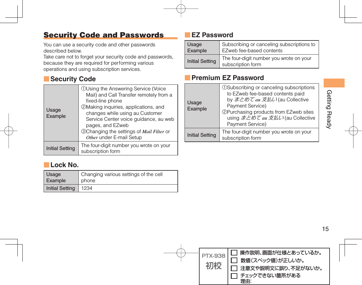 15Getting Ready EZ PasswordUsage ExampleSubscribing or canceling subscriptions to EZweb fee-based contentsInitial Setting The four-digit number you wrote on your subscription form Premium EZ PasswordUsage Example① Subscribing or canceling subscriptions to EZweb fee-based contents paid by まとめて au 支払い (au Collective Payment Service)② Purchasing products from EZweb sites using まとめて au 支払い (au Collective Payment Service)Initial Setting The four-digit number you wrote on your subscription form■■ Security Code and  PasswordsYou can use a security code and other passwords described below.Take care not to forget your security code and passwords, because they are required for performing various operations and using subscription services.Security Code Usage Example① Using the Answering Service (Voice Mail) and Call Transfer remotely from a fixed-line phone② Making inquiries, applications, and changes while using au Customer Service Center voice guidance, au web pages, and EZweb③ Changing the settings of Mail Filter or Other under E-mail SetupInitial Setting The four-digit number you wrote on your subscription form Lock No.Usage ExampleChanging various settings of the cell phoneInitial Setting 1234■■