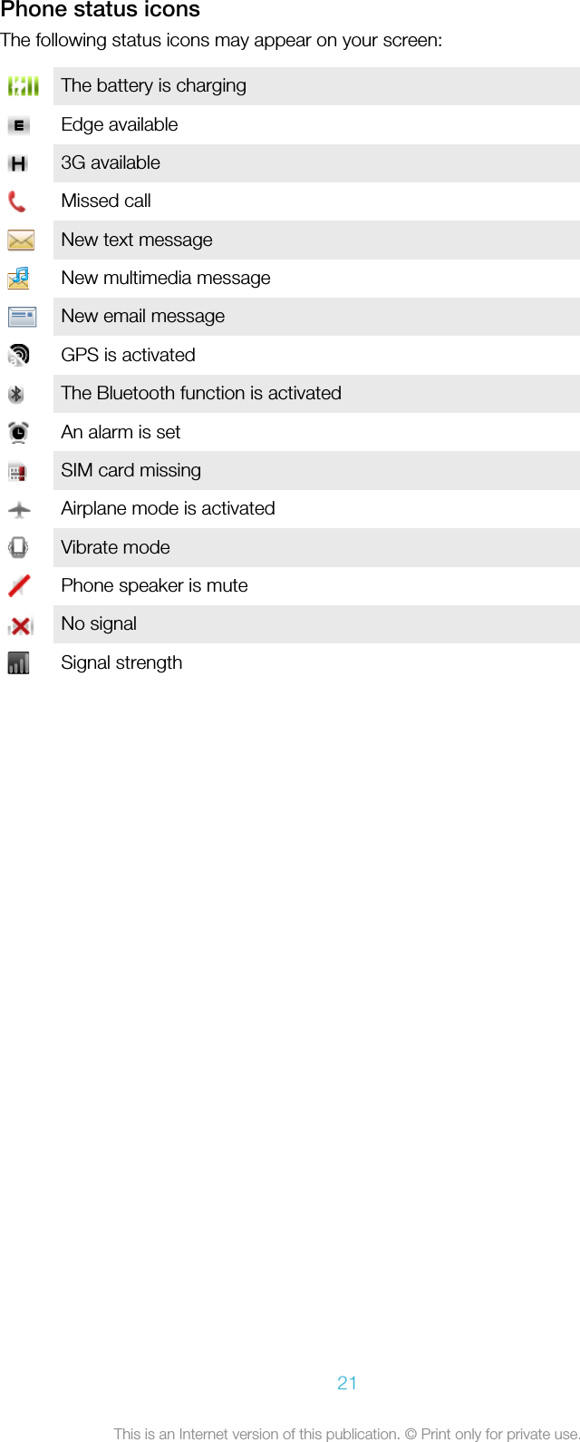 Phone status iconsThe following status icons may appear on your screen:The battery is chargingEdge available3G availableMissed callNew text messageNew multimedia messageNew email messageGPS is activatedThe Bluetooth function is activatedAn alarm is setSIM card missingAirplane mode is activatedVibrate modePhone speaker is muteNo signalSignal strength21This is an Internet version of this publication. © Print only for private use.