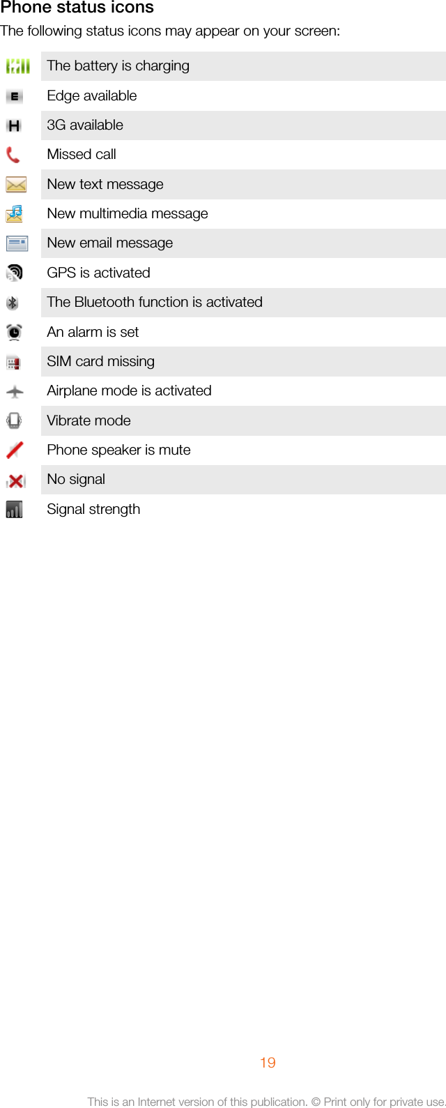 Phone status iconsThe following status icons may appear on your screen:The battery is chargingEdge available3G availableMissed callNew text messageNew multimedia messageNew email messageGPS is activatedThe Bluetooth function is activatedAn alarm is setSIM card missingAirplane mode is activatedVibrate modePhone speaker is muteNo signalSignal strength19This is an Internet version of this publication. © Print only for private use.