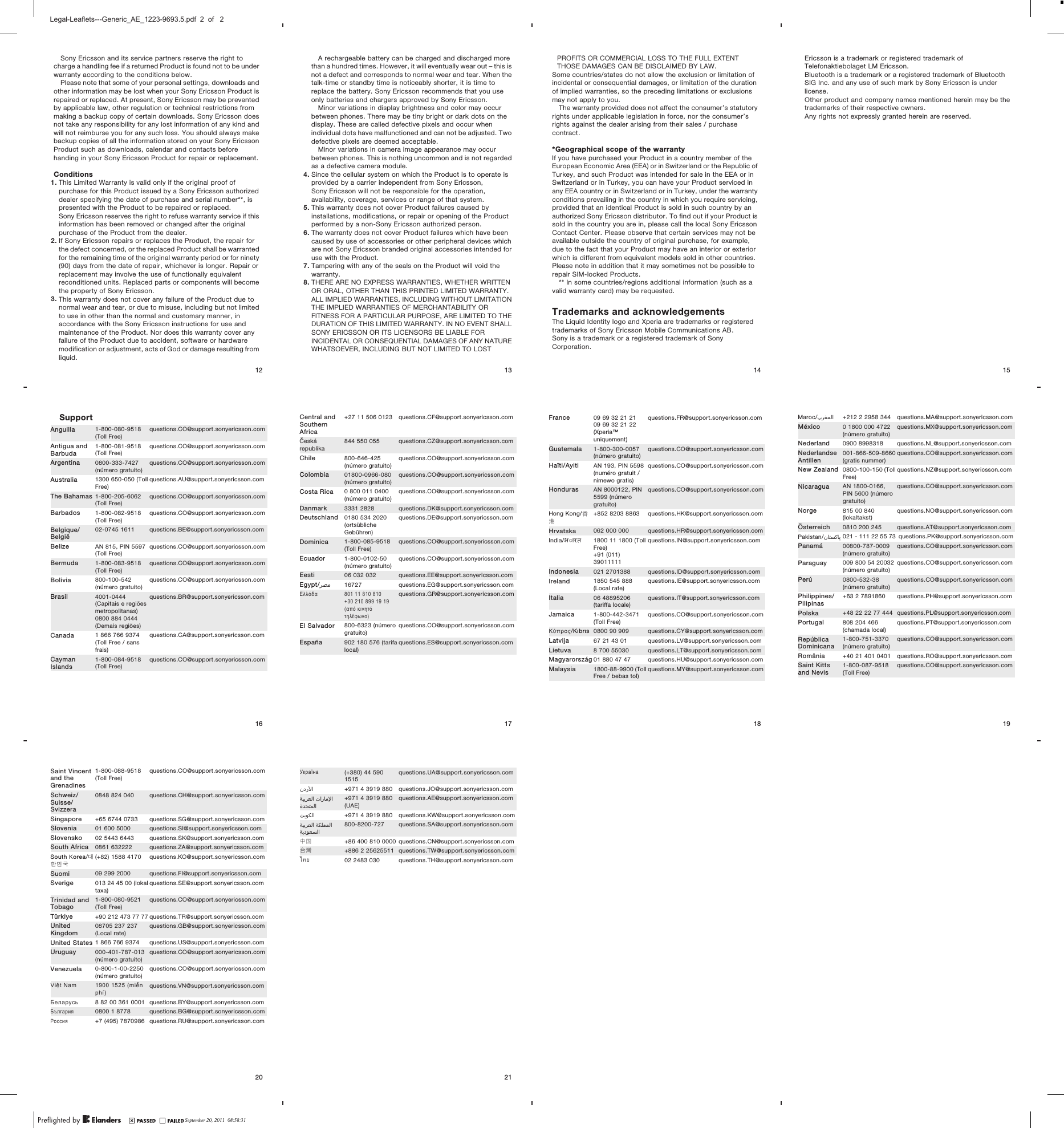 Sony Ericsson and its service partners reserve the right tocharge a handling fee if a returned Product is found not to be underwarranty according to the conditions below.Please note that some of your personal settings, downloads andother information may be lost when your Sony Ericsson Product isrepaired or replaced. At present, Sony Ericsson may be preventedby applicable law, other regulation or technical restrictions frommaking a backup copy of certain downloads. Sony Ericsson doesnot take any responsibility for any lost information of any kind andwill not reimburse you for any such loss. You should always makebackup copies of all the information stored on your Sony EricssonProduct such as downloads, calendar and contacts beforehanding in your Sony Ericsson Product for repair or replacement.Conditions1. This Limited Warranty is valid only if the original proof ofpurchase for this Product issued by a Sony Ericsson authorizeddealer specifying the date of purchase and serial number**, ispresented with the Product to be repaired or replaced.Sony Ericsson reserves the right to refuse warranty service if thisinformation has been removed or changed after the originalpurchase of the Product from the dealer.2. If Sony Ericsson repairs or replaces the Product, the repair forthe defect concerned, or the replaced Product shall be warrantedfor the remaining time of the original warranty period or for ninety(90) days from the date of repair, whichever is longer. Repair orreplacement may involve the use of functionally equivalentreconditioned units. Replaced parts or components will becomethe property of Sony Ericsson.3. This warranty does not cover any failure of the Product due tonormal wear and tear, or due to misuse, including but not limitedto use in other than the normal and customary manner, inaccordance with the Sony Ericsson instructions for use andmaintenance of the Product. Nor does this warranty cover anyfailure of the Product due to accident, software or hardwaremodification or adjustment, acts of God or damage resulting fromliquid.12A rechargeable battery can be charged and discharged morethan a hundred times. However, it will eventually wear out – this isnot a defect and corresponds to normal wear and tear. When thetalk-time or standby time is noticeably shorter, it is time toreplace the battery. Sony Ericsson recommends that you useonly batteries and chargers approved by Sony Ericsson.Minor variations in display brightness and color may occurbetween phones. There may be tiny bright or dark dots on thedisplay. These are called defective pixels and occur whenindividual dots have malfunctioned and can not be adjusted. Twodefective pixels are deemed acceptable.Minor variations in camera image appearance may occurbetween phones. This is nothing uncommon and is not regardedas a defective camera module.4. Since the cellular system on which the Product is to operate isprovided by a carrier independent from Sony Ericsson,Sony Ericsson will not be responsible for the operation,availability, coverage, services or range of that system.5. This warranty does not cover Product failures caused byinstallations, modifications, or repair or opening of the Productperformed by a non-Sony Ericsson authorized person.6. The warranty does not cover Product failures which have beencaused by use of accessories or other peripheral devices whichare not Sony Ericsson branded original accessories intended foruse with the Product.7. Tampering with any of the seals on the Product will void thewarranty.8. THERE ARE NO EXPRESS WARRANTIES, WHETHER WRITTENOR ORAL, OTHER THAN THIS PRINTED LIMITED WARRANTY.ALL IMPLIED WARRANTIES, INCLUDING WITHOUT LIMITATIONTHE IMPLIED WARRANTIES OF MERCHANTABILITY ORFITNESS FOR A PARTICULAR PURPOSE, ARE LIMITED TO THEDURATION OF THIS LIMITED WARRANTY. IN NO EVENT SHALLSONY ERICSSON OR ITS LICENSORS BE LIABLE FORINCIDENTAL OR CONSEQUENTIAL DAMAGES OF ANY NATUREWHATSOEVER, INCLUDING BUT NOT LIMITED TO LOST13PROFITS OR COMMERCIAL LOSS TO THE FULL EXTENTTHOSE DAMAGES CAN BE DISCLAIMED BY LAW.Some countries/states do not allow the exclusion or limitation ofincidental or consequential damages, or limitation of the durationof implied warranties, so the preceding limitations or exclusionsmay not apply to you.The warranty provided does not affect the consumer’s statutoryrights under applicable legislation in force, nor the consumer’srights against the dealer arising from their sales / purchasecontract.*Geographical scope of the warrantyIf you have purchased your Product in a country member of theEuropean Economic Area (EEA) or in Switzerland or the Republic ofTurkey, and such Product was intended for sale in the EEA or inSwitzerland or in Turkey, you can have your Product serviced inany EEA country or in Switzerland or in Turkey, under the warrantyconditions prevailing in the country in which you require servicing,provided that an identical Product is sold in such country by anauthorized Sony Ericsson distributor. To find out if your Product issold in the country you are in, please call the local Sony EricssonContact Center. Please observe that certain services may not beavailable outside the country of original purchase, for example,due to the fact that your Product may have an interior or exteriorwhich is different from equivalent models sold in other countries.Please note in addition that it may sometimes not be possible torepair SIM-locked Products.** In some countries/regions additional information (such as avalid warranty card) may be requested.Trademarks and acknowledgementsThe Liquid Identity logo and Xperia are trademarks or registeredtrademarks of Sony Ericsson Mobile Communications AB.Sony is a trademark or a registered trademark of SonyCorporation.14Ericsson is a trademark or registered trademark ofTelefonaktiebolaget LM Ericsson.Bluetooth is a trademark or a registered trademark of BluetoothSIG Inc. and any use of such mark by Sony Ericsson is underlicense.Other product and company names mentioned herein may be thetrademarks of their respective owners.Any rights not expressly granted herein are reserved.15SupportAnguilla 1-800-080-9518(Toll Free)questions.CO@support.sonyericsson.comAntigua andBarbuda1-800-081-9518(Toll Free)questions.CO@support.sonyericsson.comArgentina 0800-333-7427(número gratuito)questions.CO@support.sonyericsson.comAustralia 1300 650-050 (TollFree)questions.AU@support.sonyericsson.comThe Bahamas 1-800-205-6062(Toll Free)questions.CO@support.sonyericsson.comBarbados 1-800-082-9518(Toll Free)questions.CO@support.sonyericsson.comBelgique/België02-0745 1611 questions.BE@support.sonyericsson.comBelize AN 815, PIN 5597(Toll Free)questions.CO@support.sonyericsson.comBermuda 1-800-083-9518(Toll Free)questions.CO@support.sonyericsson.comBolivia 800-100-542(número gratuito)questions.CO@support.sonyericsson.comBrasil 4001-0444(Capitais e regiõesmetropolitanas)0800 884 0444(Demais regiões)questions.BR@support.sonyericsson.comCanada 1 866 766 9374(Toll Free / sansfrais)questions.CA@support.sonyericsson.comCaymanIslands1-800-084-9518(Toll Free)questions.CO@support.sonyericsson.com16Central andSouthernAfrica+27 11 506 0123 questions.CF@support.sonyericsson.comČeskárepublika844 550 055 questions.CZ@support.sonyericsson.comChile 800-646-425(número gratuito)questions.CO@support.sonyericsson.comColombia 01800-0966-080(número gratuito)questions.CO@support.sonyericsson.comCosta Rica 0 800 011 0400(número gratuito)questions.CO@support.sonyericsson.comDanmark 3331 2828 questions.DK@support.sonyericsson.comDeutschland 0180 534 2020(ortsüblicheGebühren)questions.DE@support.sonyericsson.comDominica 1-800-085-9518(Toll Free)questions.CO@support.sonyericsson.comEcuador 1-800-0102-50(número gratuito)questions.CO@support.sonyericsson.comEesti 06 032 032 questions.EE@support.sonyericsson.comEgypt/رصم 16727 questions.EG@support.sonyericsson.comΕλλάδα 801 11 810 810+30 210 899 19 19(από κινητότηλέφωνο)questions.GR@support.sonyericsson.comEl Salvador 800-6323 (númerogratuito)questions.CO@support.sonyericsson.comEspaña 902 180 576 (tarifalocal)questions.ES@support.sonyericsson.com17France 09 69 32 21 2109 69 32 21 22(Xperia™uniquement)questions.FR@support.sonyericsson.comGuatemala 1-800-300-0057(número gratuito)questions.CO@support.sonyericsson.comHaïti/Ayiti AN 193, PIN 5598(numéro gratuit /nimewo gratis)questions.CO@support.sonyericsson.comHonduras AN 8000122, PIN5599 (númerogratuito)questions.CO@support.sonyericsson.comHong Kong/香港+852 8203 8863 questions.HK@support.sonyericsson.comHrvatska 062 000 000 questions.HR@support.sonyericsson.comIndia/  1800 11 1800 (TollFree)+91 (011)39011111questions.IN@support.sonyericsson.comIndonesia 021 2701388 questions.ID@support.sonyericsson.comIreland 1850 545 888(Local rate)questions.IE@support.sonyericsson.comItalia 06 48895206(tariffa locale)questions.IT@support.sonyericsson.comJamaica 1-800-442-3471(Toll Free)questions.CO@support.sonyericsson.comΚύπρος/Kıbrıs 0800 90 909 questions.CY@support.sonyericsson.comLatvija 67 21 43 01 questions.LV@support.sonyericsson.comLietuva 8 700 55030 questions.LT@support.sonyericsson.comMagyarország 01 880 47 47 questions.HU@support.sonyericsson.comMalaysia 1800-88-9900 (TollFree / bebas tol)questions.MY@support.sonyericsson.com18Maroc/󰂏󰂱󰃅󰃀 +212 2 2958 344 questions.MA@support.sonyericsson.comMéxico 0 1800 000 4722(número gratuito)questions.MX@support.sonyericsson.comNederland 0900 8998318 questions.NL@support.sonyericsson.comNederlandseAntillen001-866-509-8660(gratis nummer)questions.CO@support.sonyericsson.comNew Zealand 0800-100-150 (TollFree)questions.NZ@support.sonyericsson.comNicaragua AN 1800-0166,PIN 5600 (númerogratuito)questions.CO@support.sonyericsson.comNorge 815 00 840(lokaltakst)questions.NO@support.sonyericsson.comÖsterreich 0810 200 245 questions.AT@support.sonyericsson.comPakistan/󰁯󰁹󰂕󰁯 021 - 111 22 55 73 questions.PK@support.sonyericsson.comPanamá 00800-787-0009(número gratuito)questions.CO@support.sonyericsson.comParaguay 009 800 54 20032(número gratuito)questions.CO@support.sonyericsson.comPerú 0800-532-38(número gratuito)questions.CO@support.sonyericsson.comPhilippines/Pilipinas+63 2 7891860 questions.PH@support.sonyericsson.comPolska +48 22 22 77 444 questions.PL@support.sonyericsson.comPortugal 808 204 466(chamada local)questions.PT@support.sonyericsson.comRepúblicaDominicana1-800-751-3370(número gratuito)questions.CO@support.sonyericsson.comRomânia +40 21 401 0401 questions.RO@support.sonyericsson.comSaint Kittsand Nevis1-800-087-9518(Toll Free)questions.CO@support.sonyericsson.com19Saint Vincentand theGrenadines1-800-088-9518(Toll Free)questions.CO@support.sonyericsson.comSchweiz/Suisse/Svizzera0848 824 040 questions.CH@support.sonyericsson.comSingapore +65 6744 0733 questions.SG@support.sonyericsson.comSlovenia 01 600 5000 questions.SI@support.sonyericsson.comSlovensko 02 5443 6443 questions.SK@support.sonyericsson.comSouth Africa 0861 632222 questions.ZA@support.sonyericsson.comSouth Κorea/대한민국(+82) 1588 4170 questions.KO@support.sonyericsson.comSuomi 09 299 2000 questions.FI@support.sonyericsson.comSverige 013 24 45 00 (lokaltaxa)questions.SE@support.sonyericsson.comTrinidad andTobago1-800-080-9521(Toll Free)questions.CO@support.sonyericsson.comTürkiye +90 212 473 77 77 questions.TR@support.sonyericsson.comUnitedKingdom08705 237 237(Local rate)questions.GB@support.sonyericsson.comUnited States 1 866 766 9374 questions.US@support.sonyericsson.comUruguay 000-401-787-013(número gratuito)questions.CO@support.sonyericsson.comVenezuela 0-800-1-00-2250(número gratuito)questions.CO@support.sonyericsson.comViệt Nam 1900 1525 (miễnphí)questions.VN@support.sonyericsson.comБеларусь 8 82 00 361 0001 questions.BY@support.sonyericsson.comБългария 0800 1 8778 questions.BG@support.sonyericsson.comРоссия +7 (495) 7870986 questions.RU@support.sonyericsson.com20Україна (+380) 44 5901515questions.UA@support.sonyericsson.com󰃘 +971 4 3919 880 questions.JO@support.sonyericsson.com󰁯󰃄󰃚 󰁵󰃕󰁲󰂏󰂭󰃀󰂋󰂅󰁹󰃅󰃀+971 4 3919 880(UAE)questions.AE@support.sonyericsson.com󰁷󰃔󰃏󰂽󰃀 +971 4 3919 880 questions.KW@support.sonyericsson.com󰁵󰂽󰃁󰃅󰃅󰃀 󰁵󰃕󰁲󰂏󰂭󰃀󰁵󰃔󰃏󰂭󰂕󰃀800-8200-727 questions.SA@support.sonyericsson.com中国 +86 400 810 0000 questions.CN@support.sonyericsson.com台灣 +886 2 25625511 questions.TW@support.sonyericsson.comไทย 02 2483 030 questions.TH@support.sonyericsson.com21September 20, 2011  08:58:31Legal-Leaflets---Generic_AE_1223-9693.5.pdf  2  of   2