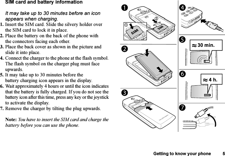 This is the Internet version of the user&apos;s guide. © Print only for private use.Getting to know your phone 5SIM card and battery informationIt may take up to 30 minutes before an icon appears when charging.1. Insert the SIM card. Slide the silvery holder over the SIM card to lock it in place.2. Place the battery on the back of the phone with the connectors facing each other.3. Place the back cover as shown in the picture and slide it into place.4. Connect the charger to the phone at the flash symbol. The flash symbol on the charger plug must face upwards.5. It may take up to 30 minutes before the battery charging icon appears in the display.6. Wait approximately 4 hours or until the icon indicates that the battery is fully charged. If you do not see the battery icon after this time, press any key or the joystick to activate the display.7. Remove the charger by tilting the plug upwards.Note: You have to insert the SIM card and charge the battery before you can use the phone.30 min.4 h.