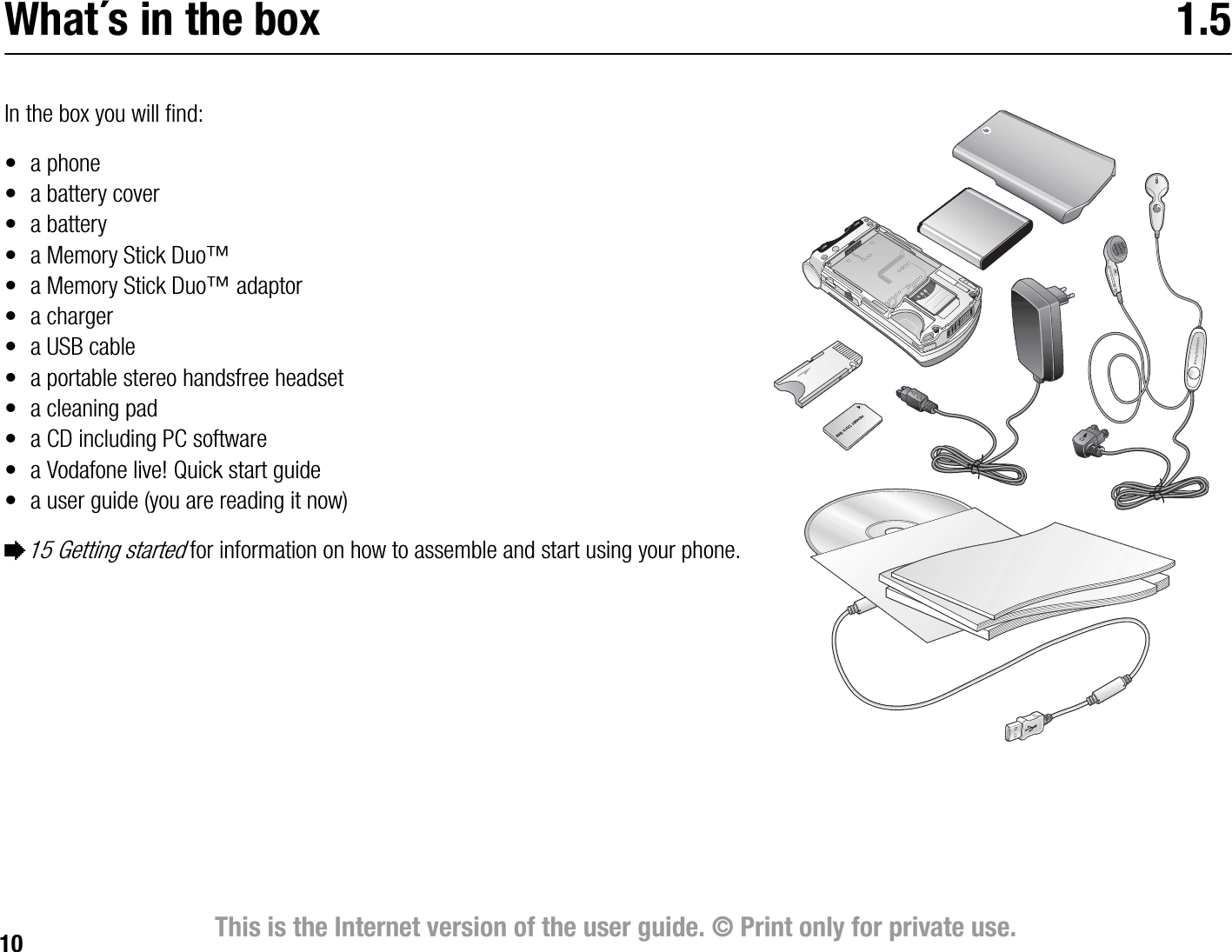 10 This is the Internet version of the user guide. © Print only for private use.What´s in the box 1.5In the box you will find:• a phone• a battery cover• a battery• a Memory Stick Duo™• a Memory Stick Duo™ adaptor•a charger•a USB cable• a portable stereo handsfree headset• a cleaning pad• a CD including PC software• a Vodafone live! Quick start guide• a user guide (you are reading it now)%15 Getting started for information on how to assemble and start using your phone.