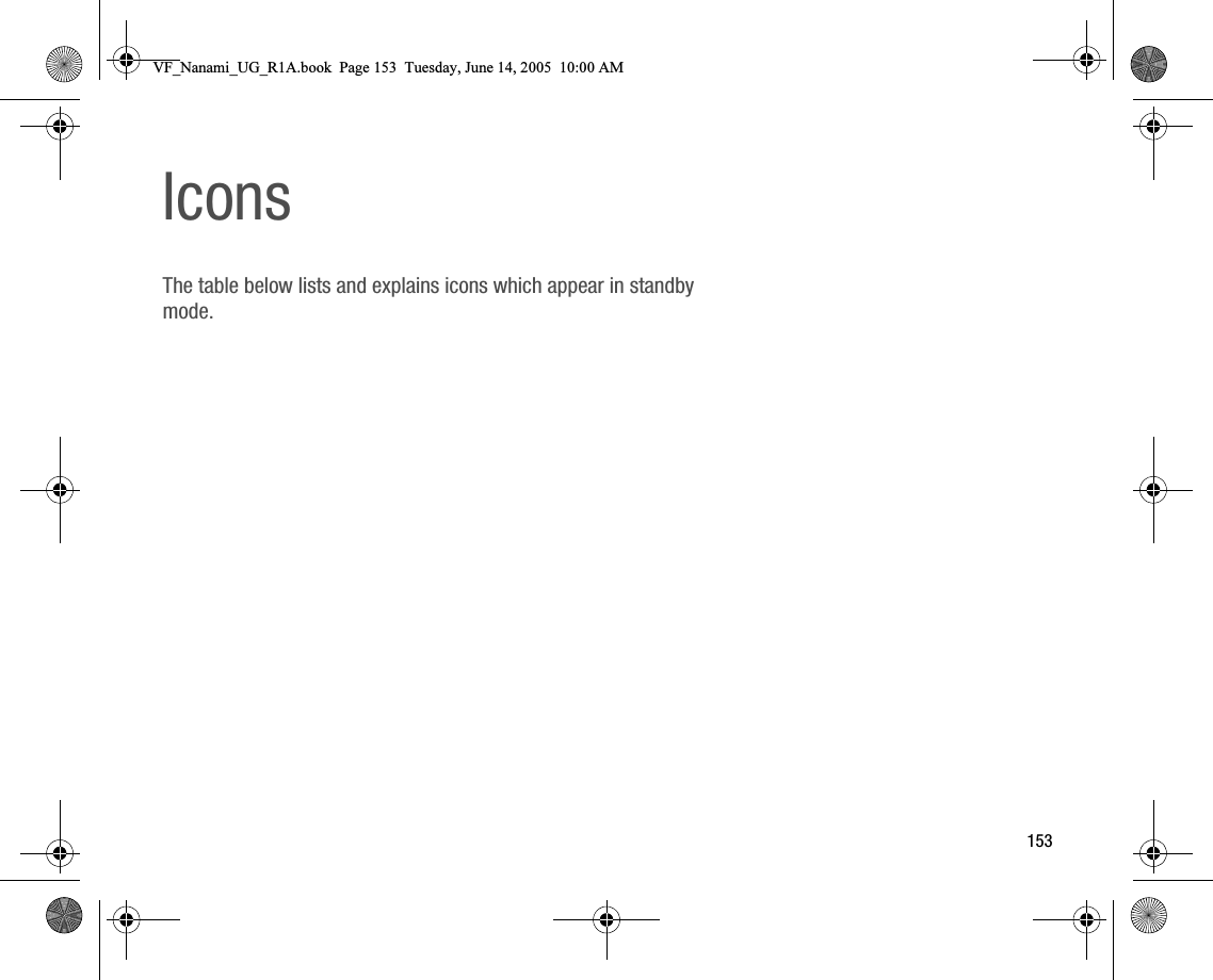 153IconsThe table below lists and explains icons which appear in standby mode.VF_Nanami_UG_R1A.book  Page 153  Tuesday, June 14, 2005  10:00 AM