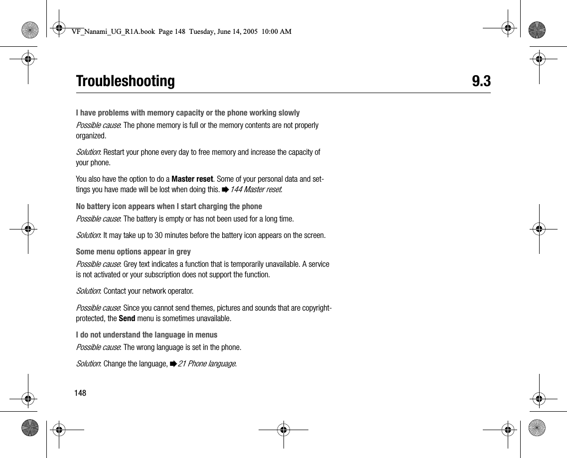 148Troubleshooting 9.3I have problems with memory capacity or the phone working slowlyPossible cause: The phone memory is full or the memory contents are not properly organized.Solution: Restart your phone every day to free memory and increase the capacity of your phone.You also have the option to do a Master reset. Some of your personal data and settings you have made will be lost when doing this. %144 Master reset.No battery icon appears when I start charging the phonePossible cause: The battery is empty or has not been used for a long time.Solution: It may take up to 30 minutes before the battery icon appears on the screen.Some menu options appear in greyPossible cause: Grey text indicates a function that is temporarily unavailable. A service is not activated or your subscription does not support the function.Solution: Contact your network operator.Possible cause: Since you cannot send themes, pictures and sounds that are copyrightprotected, the Send menu is sometimes unavailable.I do not understand the language in menusPossible cause: The wrong language is set in the phone.Solution: Change the language, %21 Phone language.VF_Nanami_UG_R1A.book  Page 148  Tuesday, June 14, 2005  10:00 AM