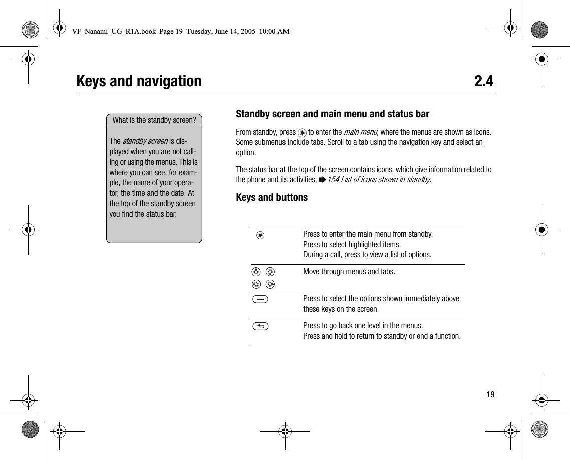 19Keys and navigation 2.4Standby screen and main menu and status barFrom standby, press   to enter the main menu, where the menus are shown as icons. Some submenus include tabs. Scroll to a tab using the navigation key and select an option.The status bar at the top of the screen contains icons, which give information related to the phone and its activities, %154 List of icons shown in standby. Keys and buttonsPress to enter the main menu from standby. Press to select highlighted items.During a call, press to view a list of options.  Move through menus and tabs.Press to select the options shown immediately above these keys on the screen.Press to go back one level in the menus.Press and hold to return to standby or end a function.What is the standby screen?The standby screen is displayed when you are not calling or using the menus. This is where you can see, for example, the name of your operator, the time and the date. At the top of the standby screen you find the status bar.VF_Nanami_UG_R1A.book  Page 19  Tuesday, June 14, 2005  10:00 AM