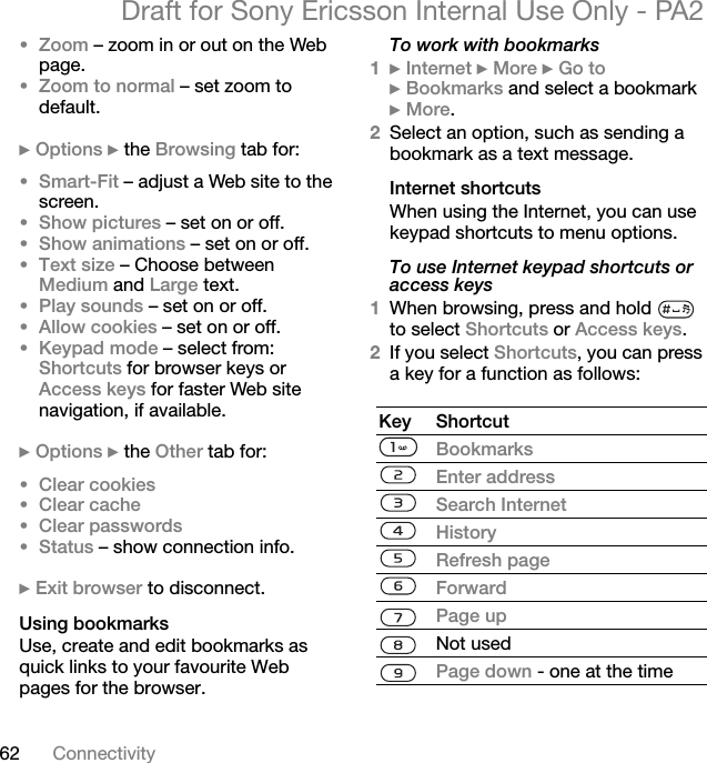 62 ConnectivityDraft for Sony Ericsson Internal Use Only - PA2•Zoom – zoom in or out on the Web page.•Zoom to normal – set zoom to default.}Options }the Browsing tab for:•Smart-Fit – adjust a Web site to the screen.•Show pictures – set on or off.•Show animations – set on or off.•Text size – Choose between Medium and Large text.•Play sounds – set on or off.•Allow cookies – set on or off.•Keypad mode – select from:Shortcuts for browser keys orAccess keys for faster Web site navigation, if available.}Options }the Other tab for:•Clear cookies•Clear cache•Clear passwords•Status – show connection info.}Exit browser to disconnect.Using bookmarksUse, create and edit bookmarks as quick links to your favourite Web pages for the browser.To work with bookmarks1}Internet }More }Go to}Bookmarks and select a bookmark }More.2Select an option, such as sending a bookmark as a text message.Internet shortcutsWhen using the Internet, you can use keypad shortcuts to menu options.To use Internet keypad shortcuts or access keys1When browsing, press and hold   to select Shortcuts or Access keys.2If you select Shortcuts, you can press a key for a function as follows:Key ShortcutBookmarksEnter addressSearch InternetHistoryRefresh pageForwardPage upNot usedPage down - one at the time