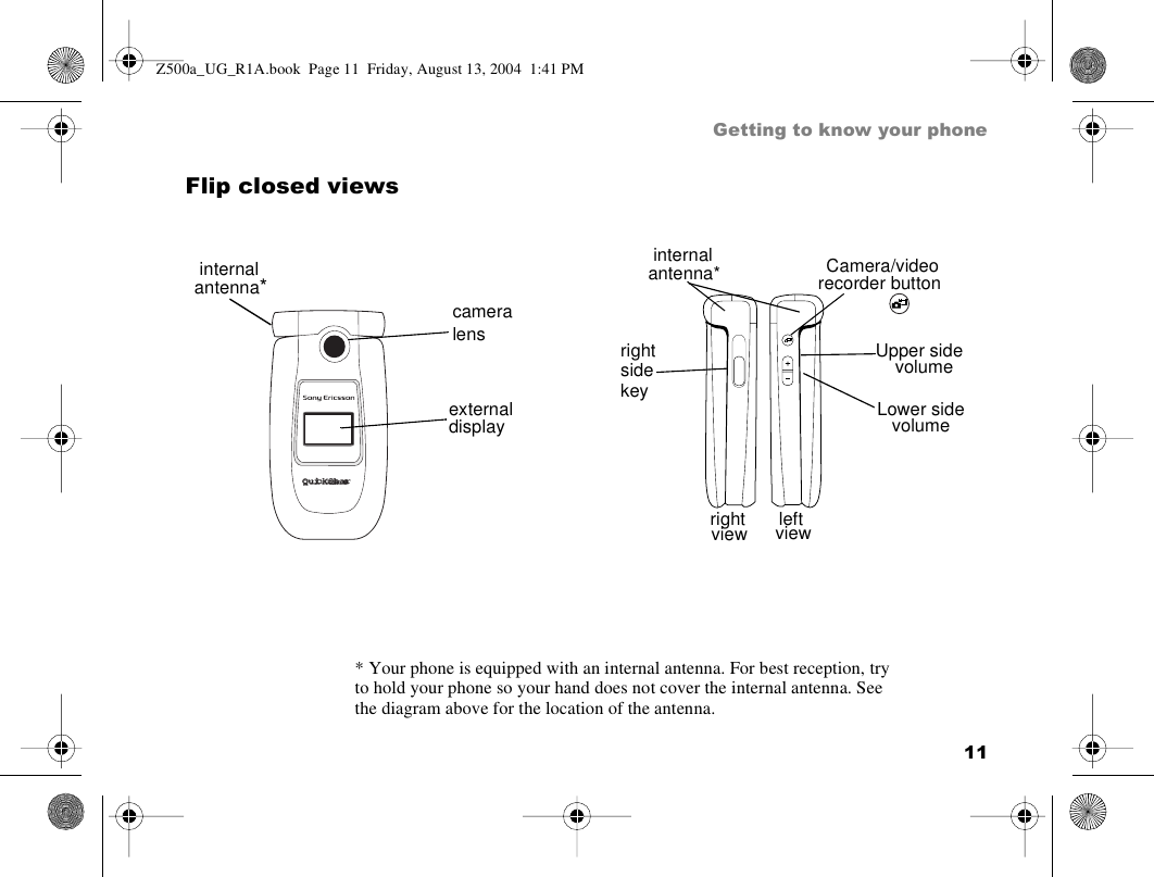 11Getting to know your phoneFlip closed viewsQuickShareQuickSharecameraexternaldisplaylensinternalantenna*leftviewrightrightviewUpper sidevolumeLower sidevolumeCamera/videorecorder buttoninternalantenna*sidekey* Your phone is equipped with an internal antenna. For best reception, try to hold your phone so your hand does not cover the internal antenna. See the diagram above for the location of the antenna.Z500a_UG_R1A.book  Page 11  Friday, August 13, 2004  1:41 PM