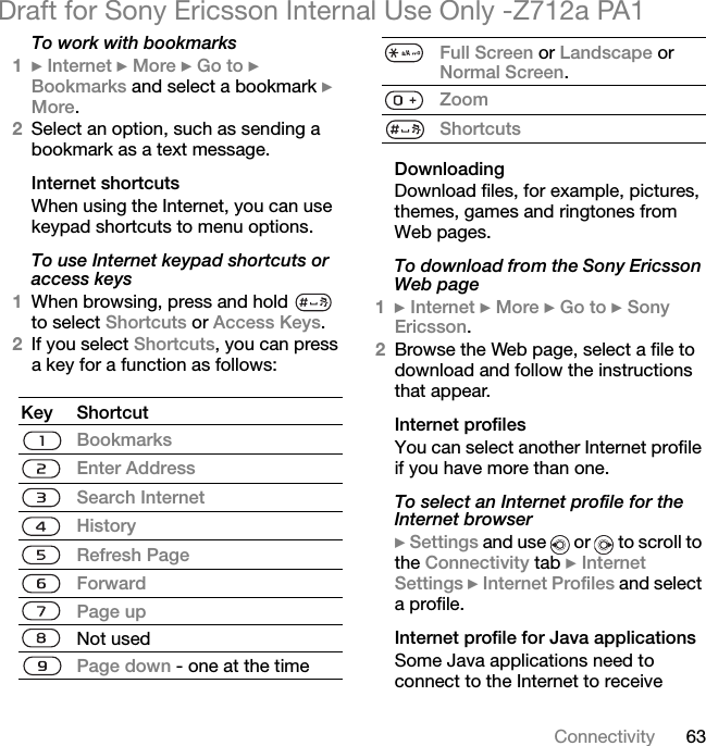 63ConnectivityDraft for Sony Ericsson Internal Use Only -Z712a PA1To work with bookmarks1} Internet } More } Go to } Bookmarks and select a bookmark } More.2Select an option, such as sending a bookmark as a text message.Internet shortcutsWhen using the Internet, you can use keypad shortcuts to menu options.To use Internet keypad shortcuts or access keys1When browsing, press and hold   to select Shortcuts or Access Keys.2If you select Shortcuts, you can press a key for a function as follows:DownloadingDownload files, for example, pictures, themes, games and ringtones from Web pages.To download from the Sony Ericsson Web page1} Internet } More } Go to } Sony Ericsson.2Browse the Web page, select a file to download and follow the instructions that appear.Internet profilesYou can select another Internet profile if you have more than one.To select an Internet profile for the Internet browser} Settings and use   or   to scroll to the Connectivity tab } Internet Settings } Internet Profiles and select a profile.Internet profile for Java applicationsSome Java applications need to connect to the Internet to receive Key ShortcutBookmarksEnter AddressSearch InternetHistoryRefresh PageForwardPage upNot usedPage down - one at the timeFull Screen or Landscape or Normal Screen.ZoomShortcuts