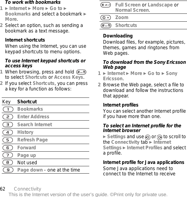 62 ConnectivityThis is the Internet version of the user’s guide. ©Print only for private use.To work with bookmarks1} Internet } More } Go to } Bookmarks and select a bookmark } More.2Select an option, such as sending a bookmark as a text message.Internet shortcutsWhen using the Internet, you can use keypad shortcuts to menu options.To use Internet keypad shortcuts or access keys1When browsing, press and hold   to select Shortcuts or Access Keys.2If you select Shortcuts, you can press a key for a function as follows:DownloadingDownload files, for example, pictures, themes, games and ringtones from Web pages.To download from the Sony Ericsson Web page1} Internet } More } Go to } Sony Ericsson.2Browse the Web page, select a file to download and follow the instructions that appear.Internet profilesYou can select another Internet profile if you have more than one.To select an Internet profile for the Internet browser} Settings and use   or   to scroll to the Connectivity tab } Internet Settings } Internet Profiles and select a profile.Internet profile for Java applicationsSome Java applications need to connect to the Internet to receive Key ShortcutBookmarksEnter AddressSearch InternetHistoryRefresh PageForwardPage upNot usedPage down - one at the timeFull Screen or Landscape or Normal Screen.ZoomShortcuts