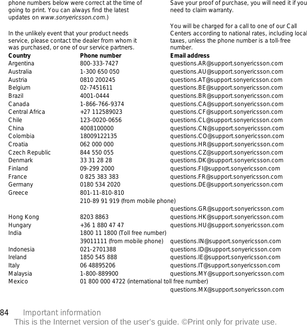 84 Important informationThis is the Internet version of the user’s guide. ©Print only for private use.phone numbers below were correct at the time of going to print. You can always find the latest updates on www.sonyericsson.com.)In the unlikely event that your product needs service, please contact the dealer from whom it was purchased, or one of our service partners. Save your proof of purchase, you will need it if you need to claim warranty.You will be charged for a call to one of our Call Centers according to national rates, including local taxes, unless the phone number is a toll-free number.Country Phone number Email addressArgentina 800-333-7427 questions.AR@support.sonyericsson.comAustralia 1-300 650 050 questions.AU@support.sonyericsson.comAustria 0810 200245 questions.AT@support.sonyericsson.comBelgium 02-7451611 questions.BE@support.sonyericsson.comBrazil 4001-0444 questions.BR@support.sonyericsson.comCanada 1-866-766-9374 questions.CA@support.sonyericsson.comCentral Africa +27 112589023 questions.CF@support.sonyericsson.comChile 123-0020-0656 questions.CL@support.sonyericsson.comChina 4008100000 questions.CN@support.sonyericsson.comColombia 18009122135 questions.CO@support.sonyericsson.comCroatia 062 000 000 questions.HR@support.sonyericsson.comCzech Republic 844 550 055 questions.CZ@support.sonyericsson.comDenmark 33 31 28 28 questions.DK@support.sonyericsson.comFinland 09-299 2000 questions.FI@support.sonyericsson.comFrance 0 825 383 383 questions.FR@support.sonyericsson.comGermany 0180 534 2020 questions.DE@support.sonyericsson.comGreece 801-11-810-810210-89 91 919 (from mobile phone)questions.GR@support.sonyericsson.comHong Kong 8203 8863 questions.HK@support.sonyericsson.comHungary +36 1 880 47 47 questions.HU@support.sonyericsson.comIndia 1800 11 1800 (Toll free number)39011111 (from mobile phone) questions.IN@support.sonyericsson.comIndonesia 021-2701388 questions.ID@support.sonyericsson.comIreland 1850 545 888 questions.IE@support.sonyericsson.comItaly 06 48895206 questions.IT@support.sonyericsson.comMalaysia 1-800-889900 questions.MY@support.sonyericsson.comMexico 01 800 000 4722 (international toll free number)questions.MX@support.sonyericsson.com