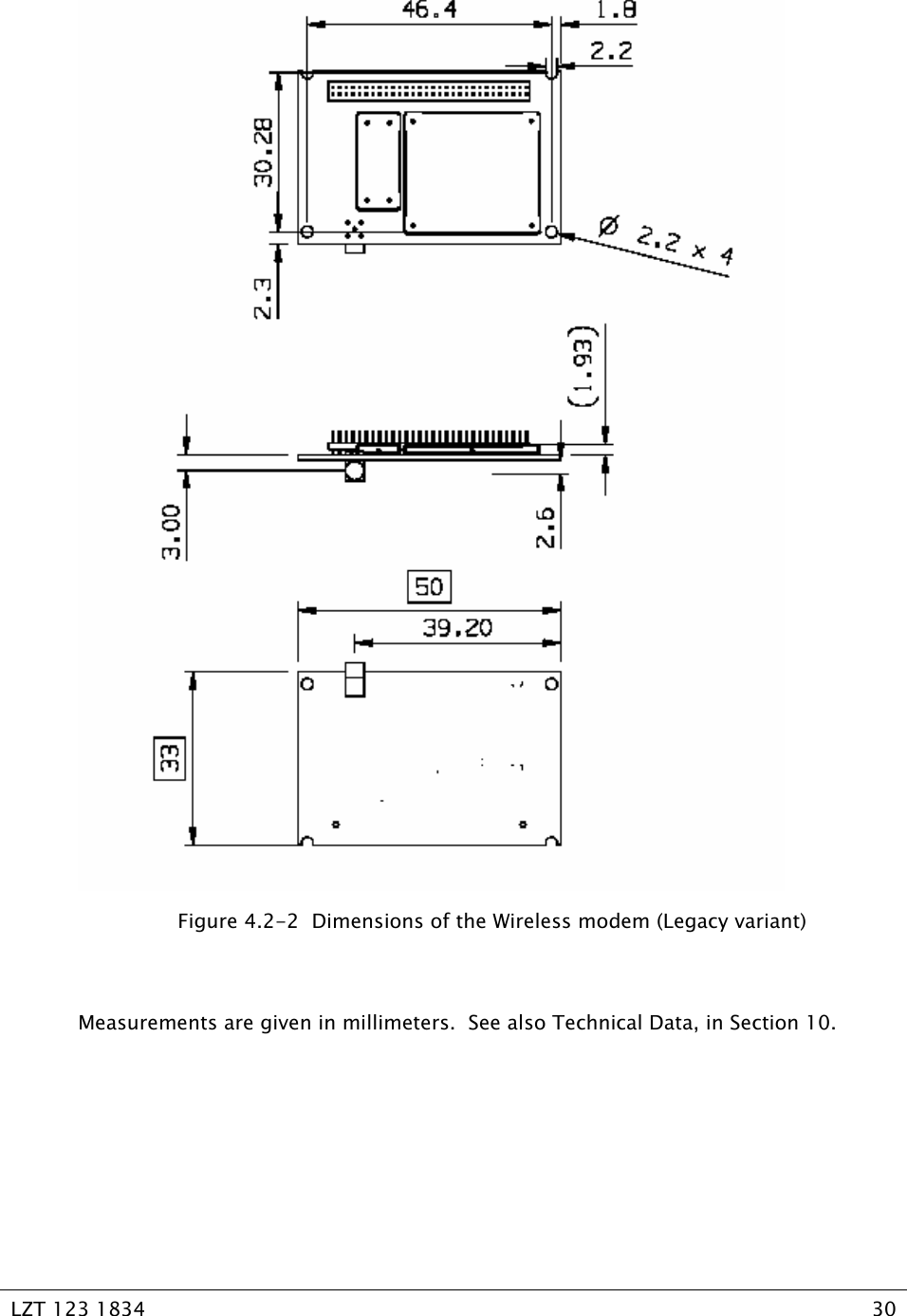   LZT 123 1834  30    Figure 4.2-2  Dimensions of the Wireless modem (Legacy variant)  Measurements are given in millimeters.  See also Technical Data, in Section 10. 